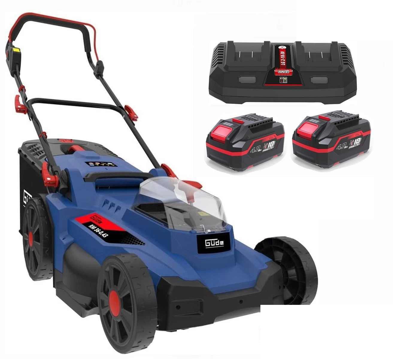 Güde Akkurasenmäher GÜDE Akku Rasenmäher RM 36/43 mit 2 x Akku 4.0 Ah, Doppelladegerät