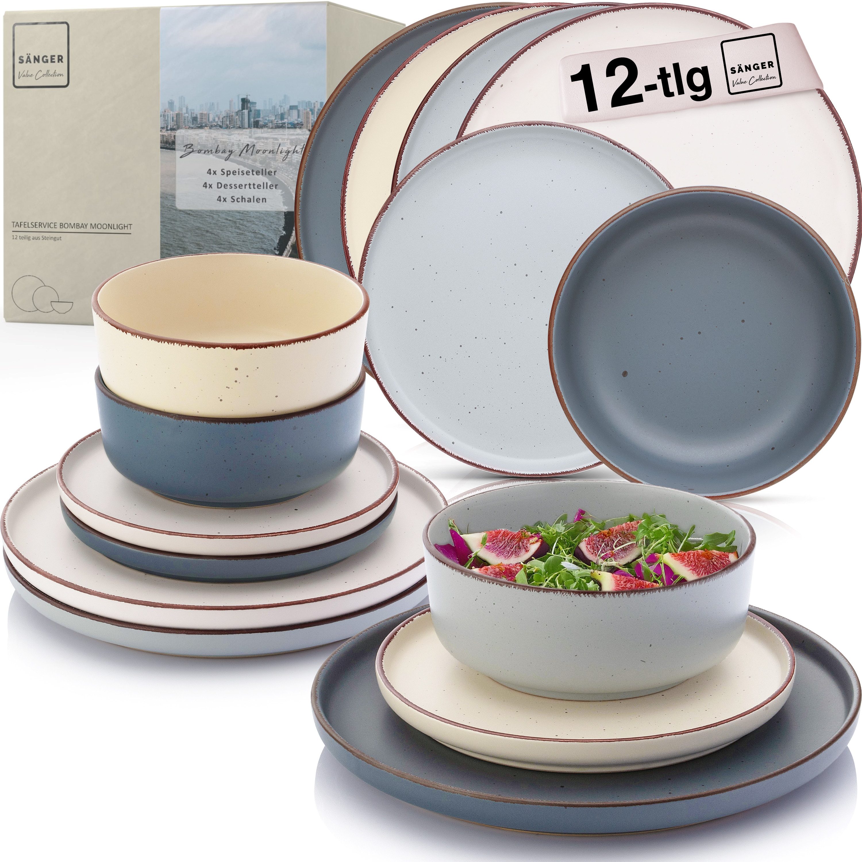 SÄNGER Geschirr-Set Bombay (12-tlg), 4 Personen, Steingut, Bombay Moonlight, Handmade, Erweiterbar, VALUE COLLECTION