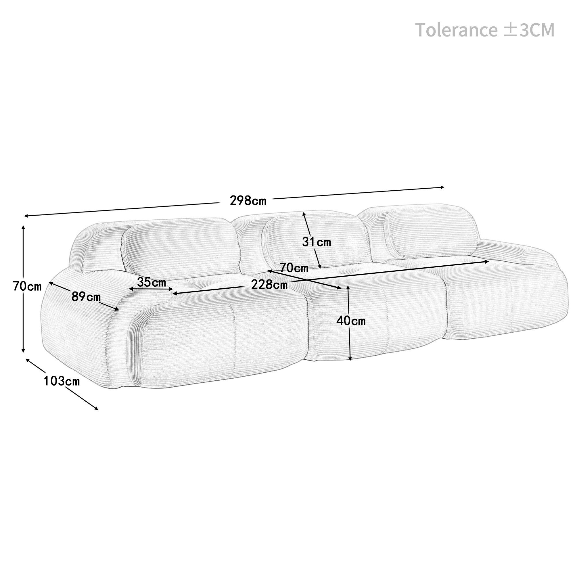 BlingBin Sofa Sofa aus Cordstoff, modular kombinierbar Polstersofa, 3-Sitzer 298 x 103 x 70 cm 1 Teile, hochelastische Polsterung für Wohnzimmer, Schlafzimmer und Heimkino