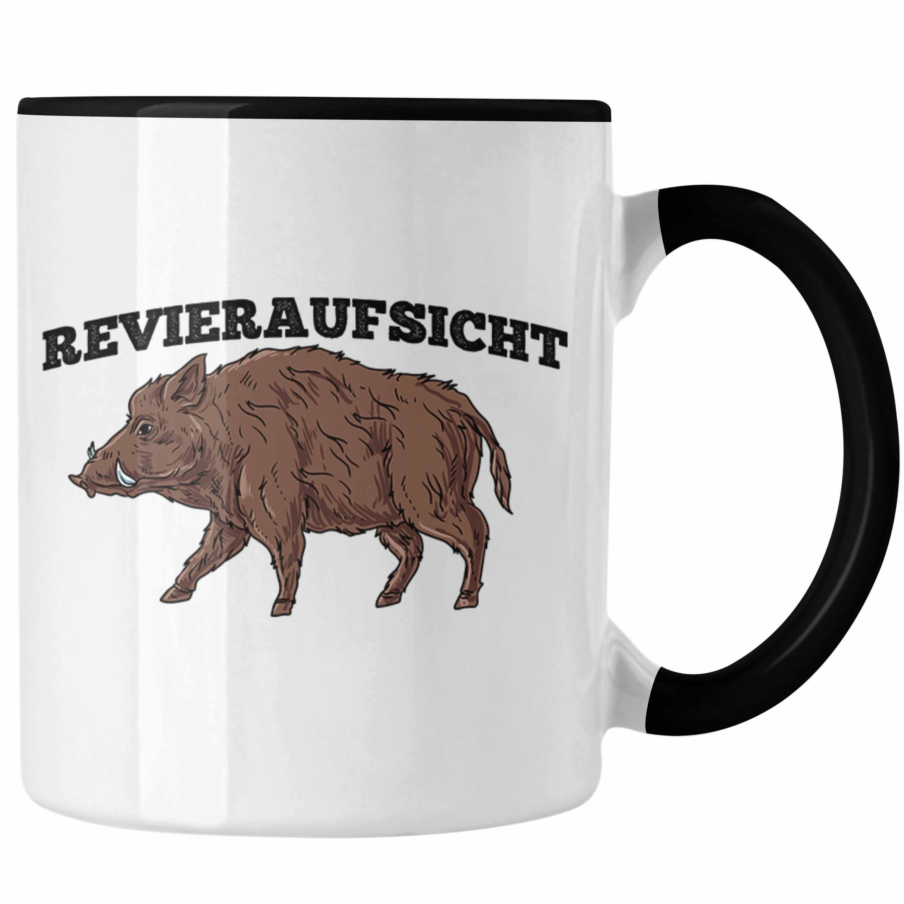 Trendation Tasse Lustige Tasse "Revieraufsicht" Wildschwein Grafik Geschenk für Jäger J Schwarz