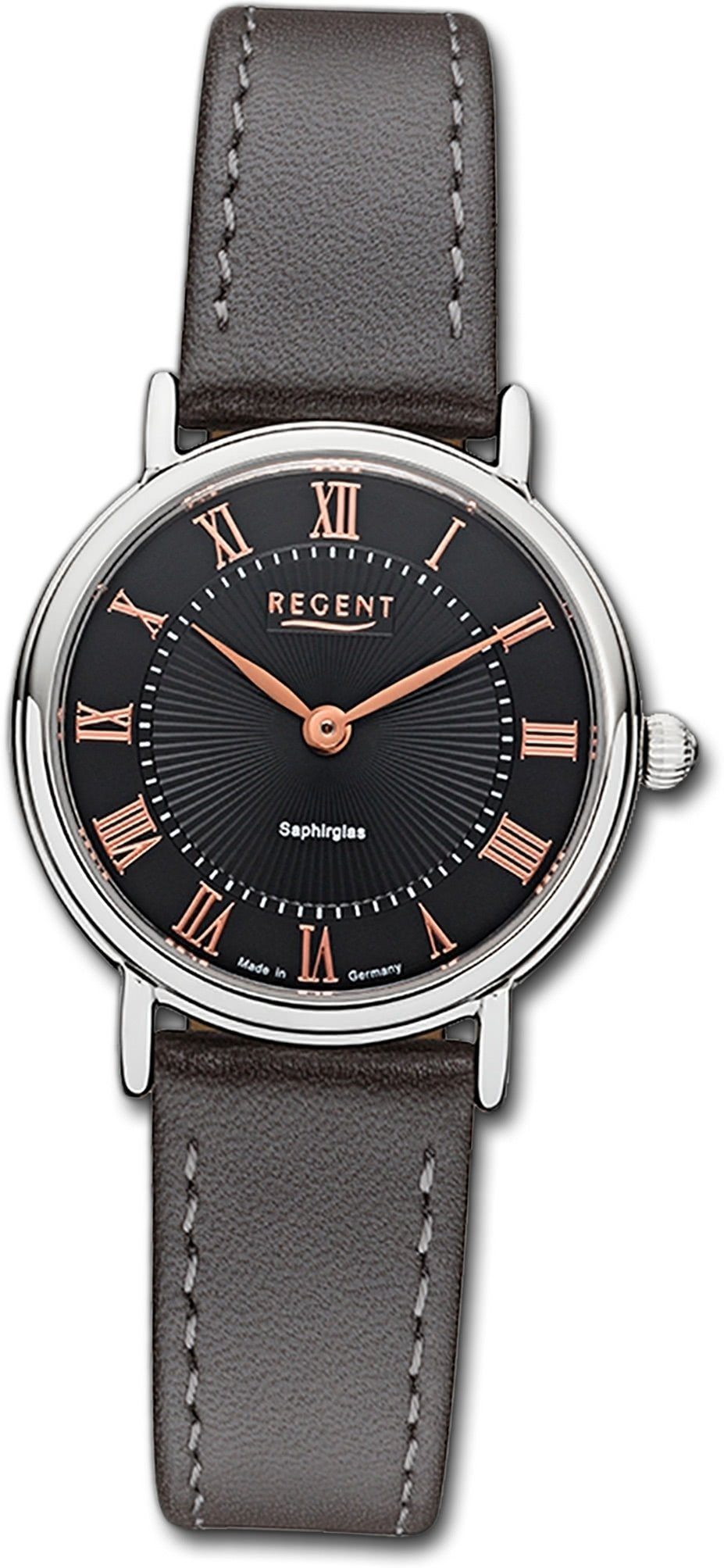 Regent Quarzuhr Regent Leder Damen Uhr GM-1602 Analog, Damenuhr Lederarmband, rundes Gehäuse, klein (ca. 28mm), schwarz