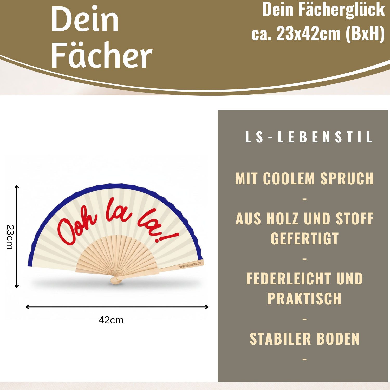LS-LebenStil Handfächer Holz Stoff Fächer "Ooh La La" Weiß Blau Rot faltbar Faltfächer, (hochwertig aus Holz mit Stoff und coolem lustigem Spruch, 1-tlg., Styli – Bild 2 von 5