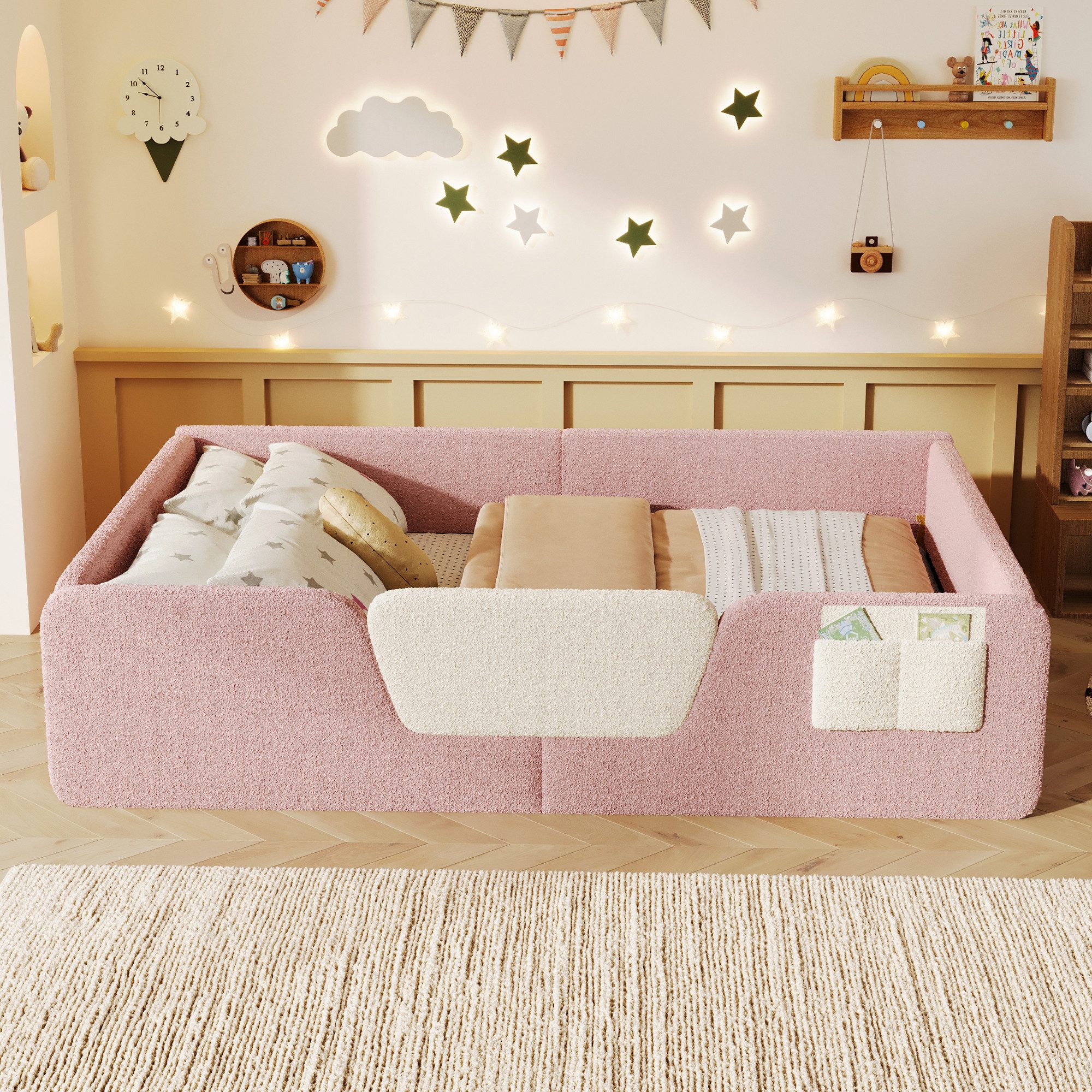 Merax Polsterbett 140x190cm mit abnehmbarer Sicherheitsleiste (Jugendbett Babybett Einzelbett, 1-tlg), Bodenbett Kinderbett mit Aufbewahrungstasche & Lattenrost, Samtbezug