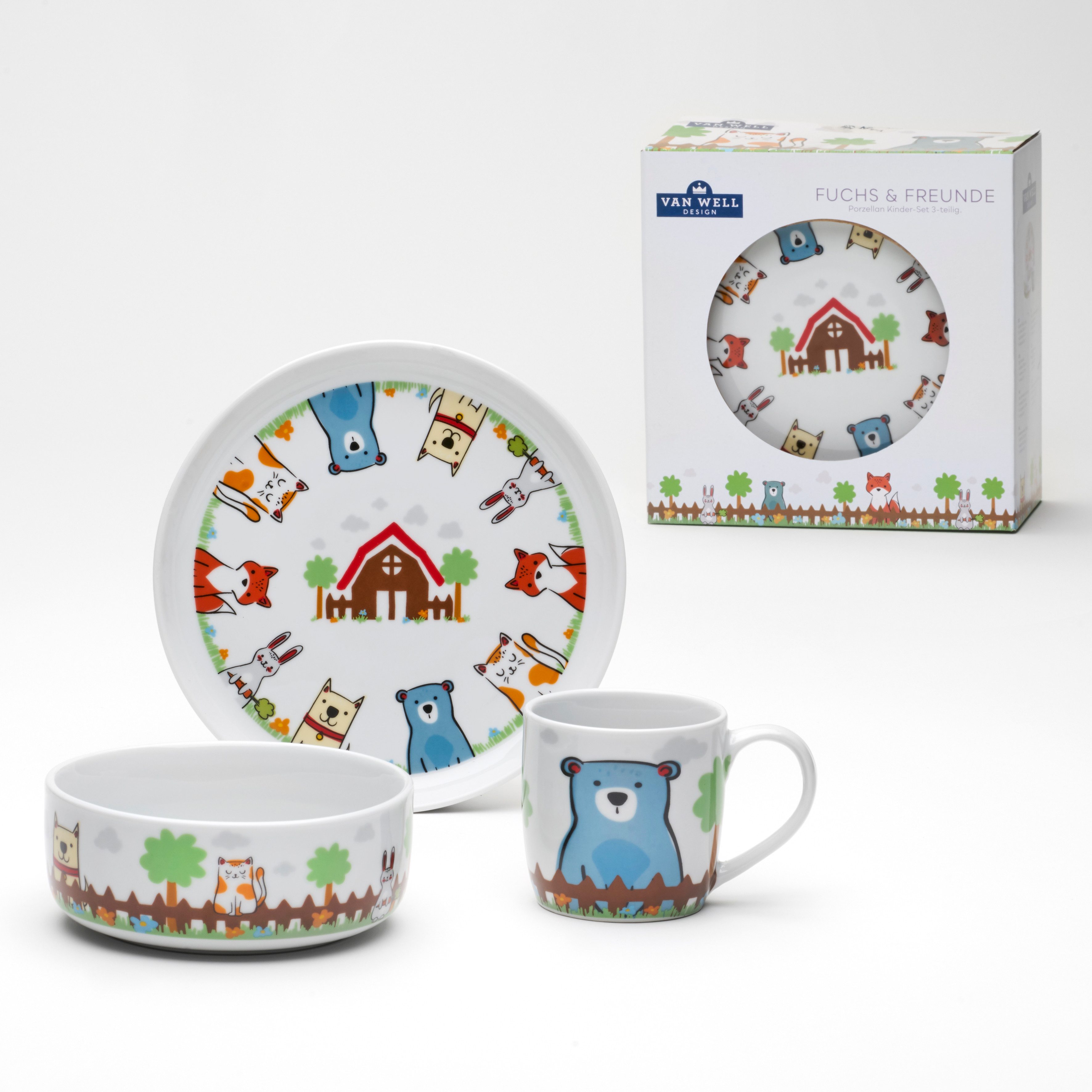 van Well Kindergeschirr-Set Kinderset Fuchs und Freunde, 3-teilig, Geschirr-Set, Service (3-tlg), 1 Personen, Porzellan, mit farbenfrohem Dekor, spülmaschinen- und mikrowellengeeignet