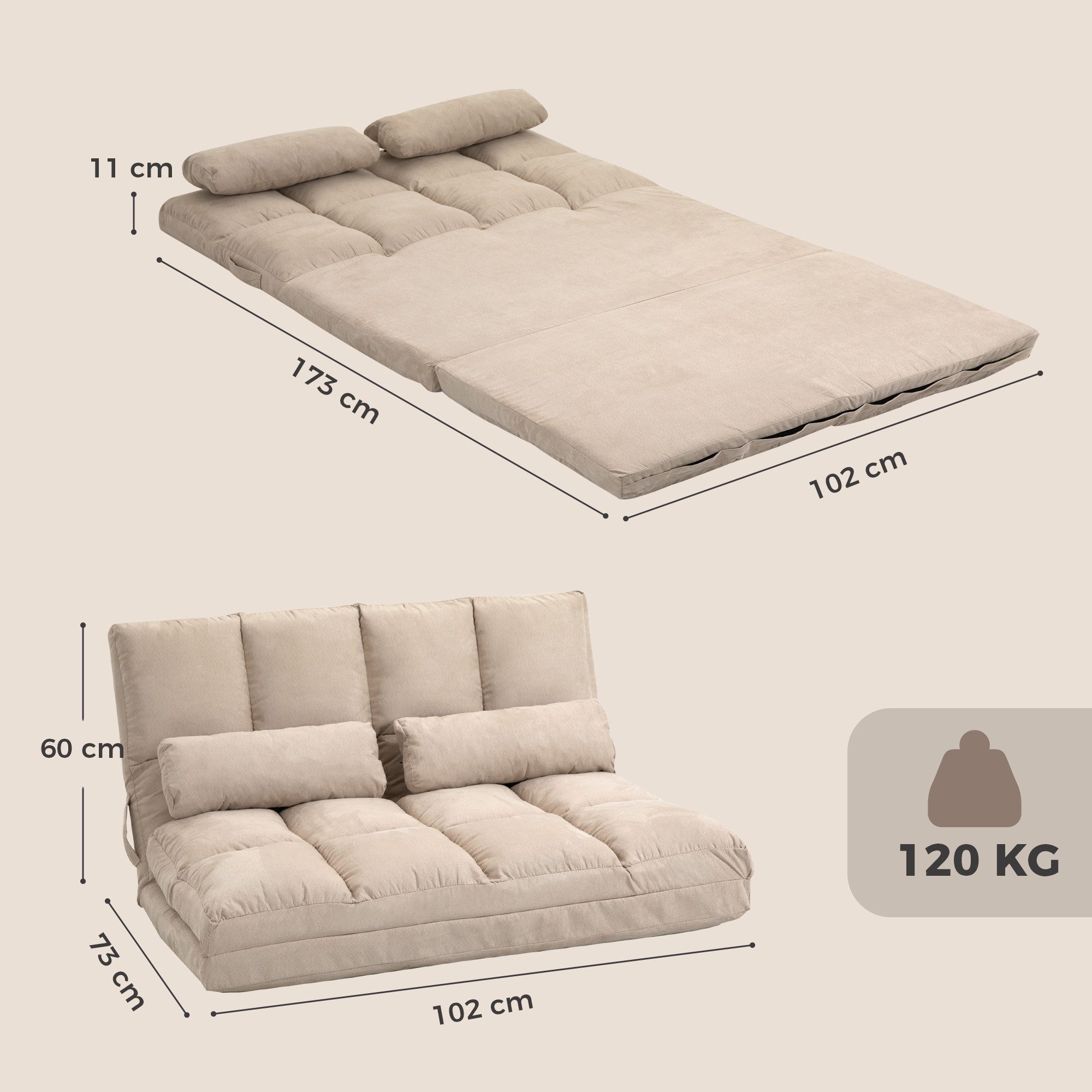 HOMCOM Relaxsessel Bodenstuhl Bodensessel mit Liegefunktion VerstellbarerRückenlehne (Klappbett, 1-St., 2-in-1 Bodensessel), für Schlafzimmer, Wohnzimmer, Beige – Bild 3 von 5