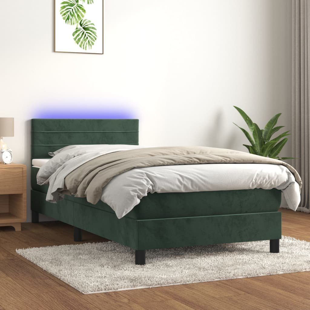 vidaXL Bett Boxspringbett mit Matratze & LED Dunkelgrün 90x190 cm Samt