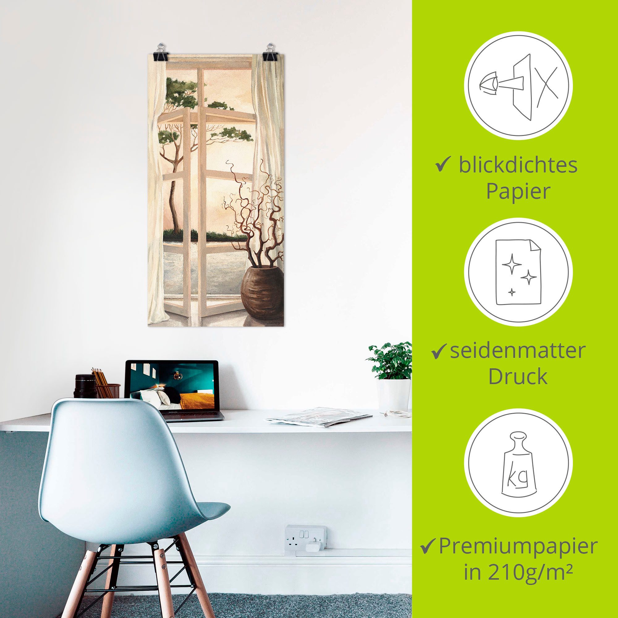 Artland Wandbild Fensterbild Toskanischer Sonnenuntergang, Fensterblick (1 St), als Alubild, Leinwandbild, Poster in verschied. Größen