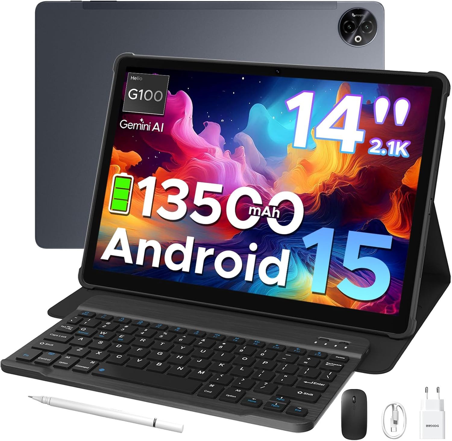 DOOGEE 13500mAh Helio G100 8 GB RAM Fast Gaming Tablet (14", 256 GB, Android 15, 4G LTE, Leistungsstarkes Allround-Gerät für Arbeit, Freizeit und unterwegs)