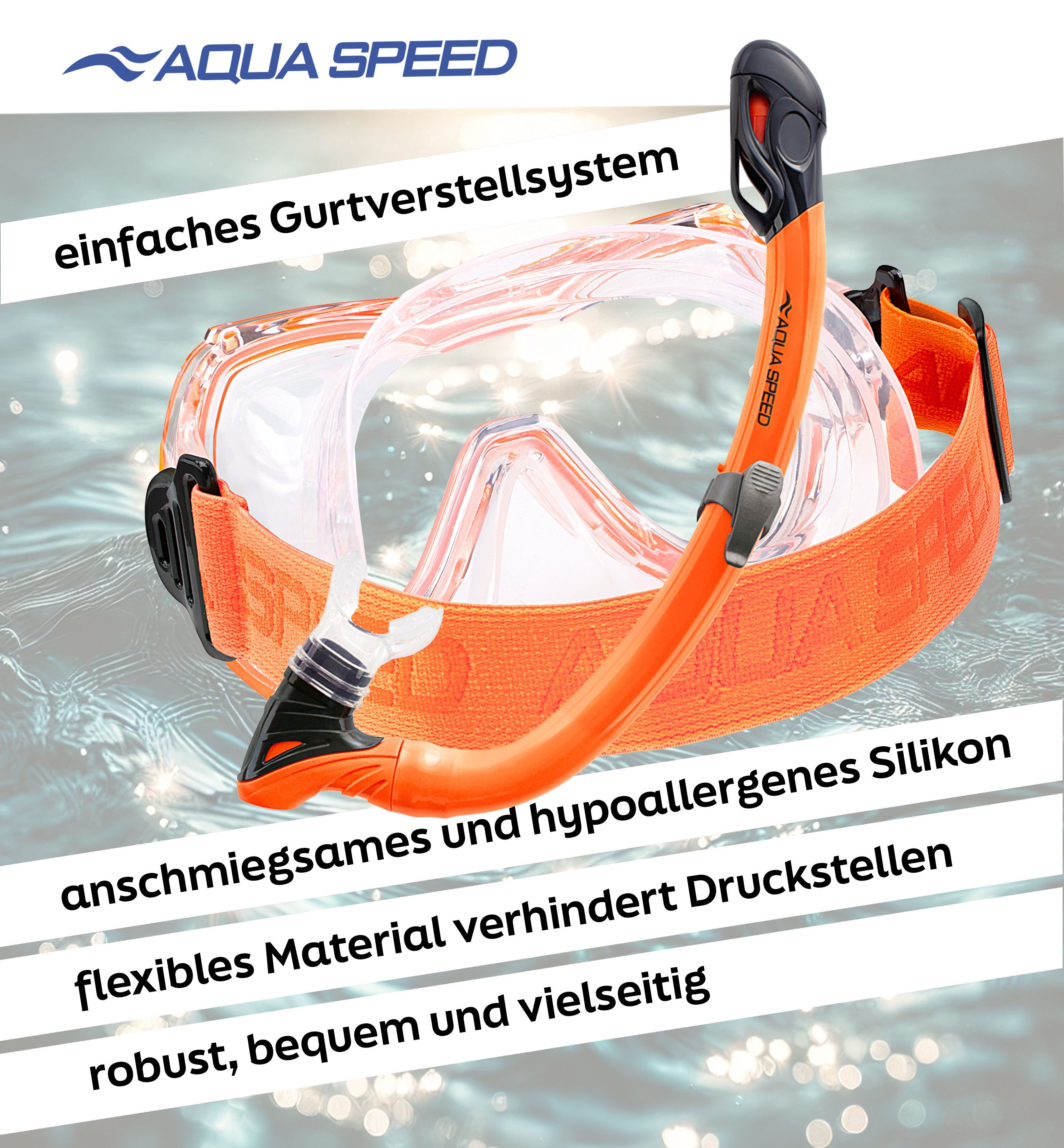 Aqua Speed Schnorchel Schnorchelset ALIZE + SAMOS Tauchmaske für Kinder, mit Netzbeutel (Kinderschnorchelset mit Maske und Schnorchel im Netzbeutel), EASY-ADJUST Kopfband für sicheren und bequemen Sitz