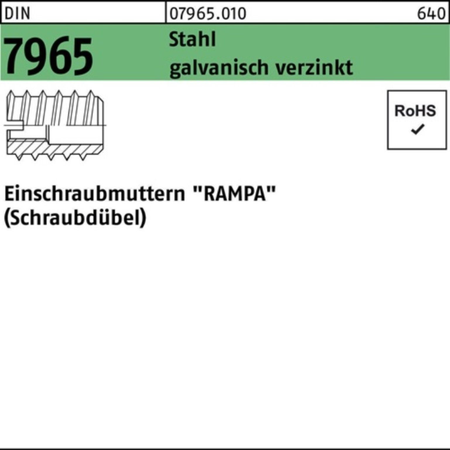 Reyher Einschraubmutter 100er Pack Einschraubmutter DIN 7965 M10x 40 Stahl galv.verz. 100 Stü