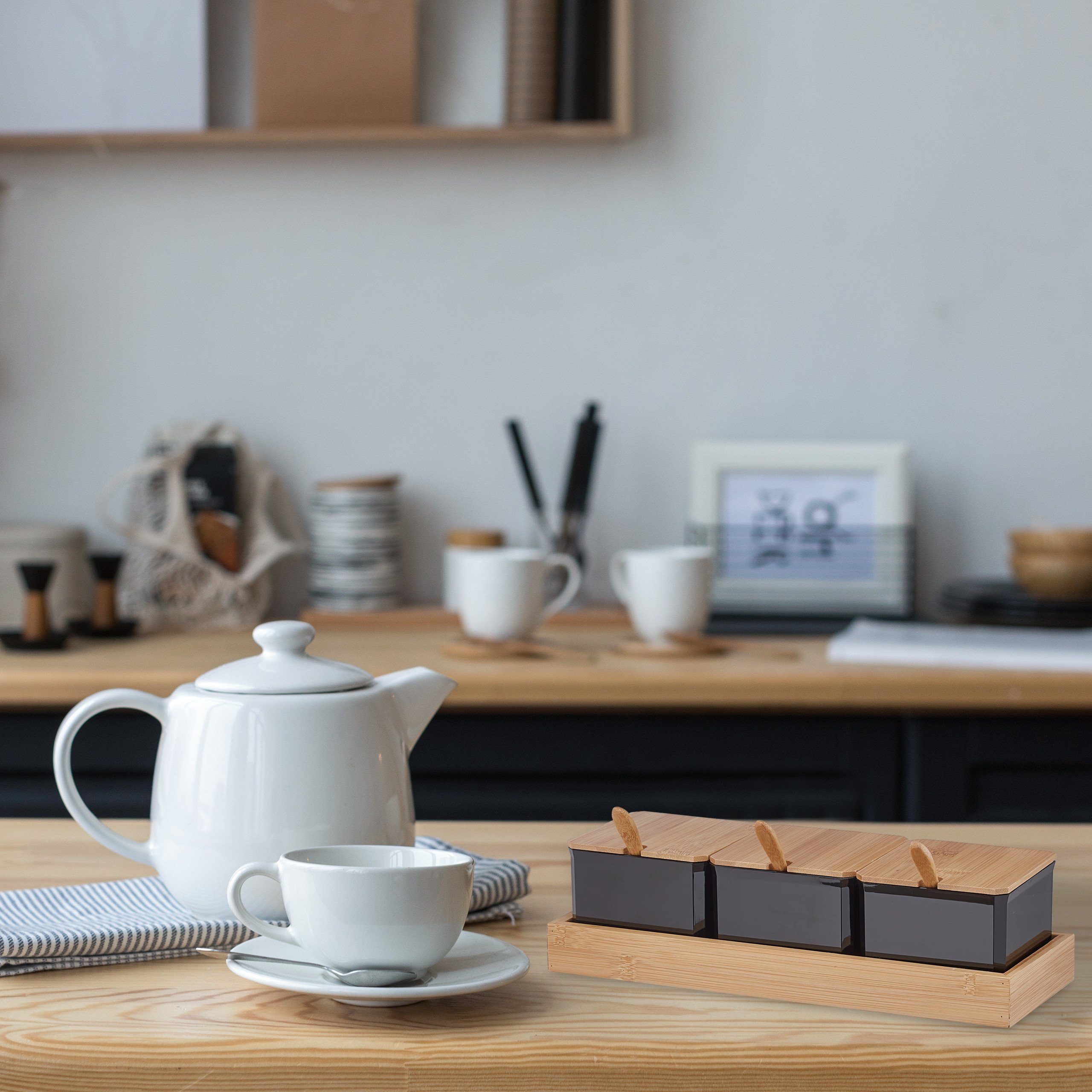 relaxdays Gewürzbehälter Set mit Löffel & Deckel, Bambus, schwarz günstig online kaufen