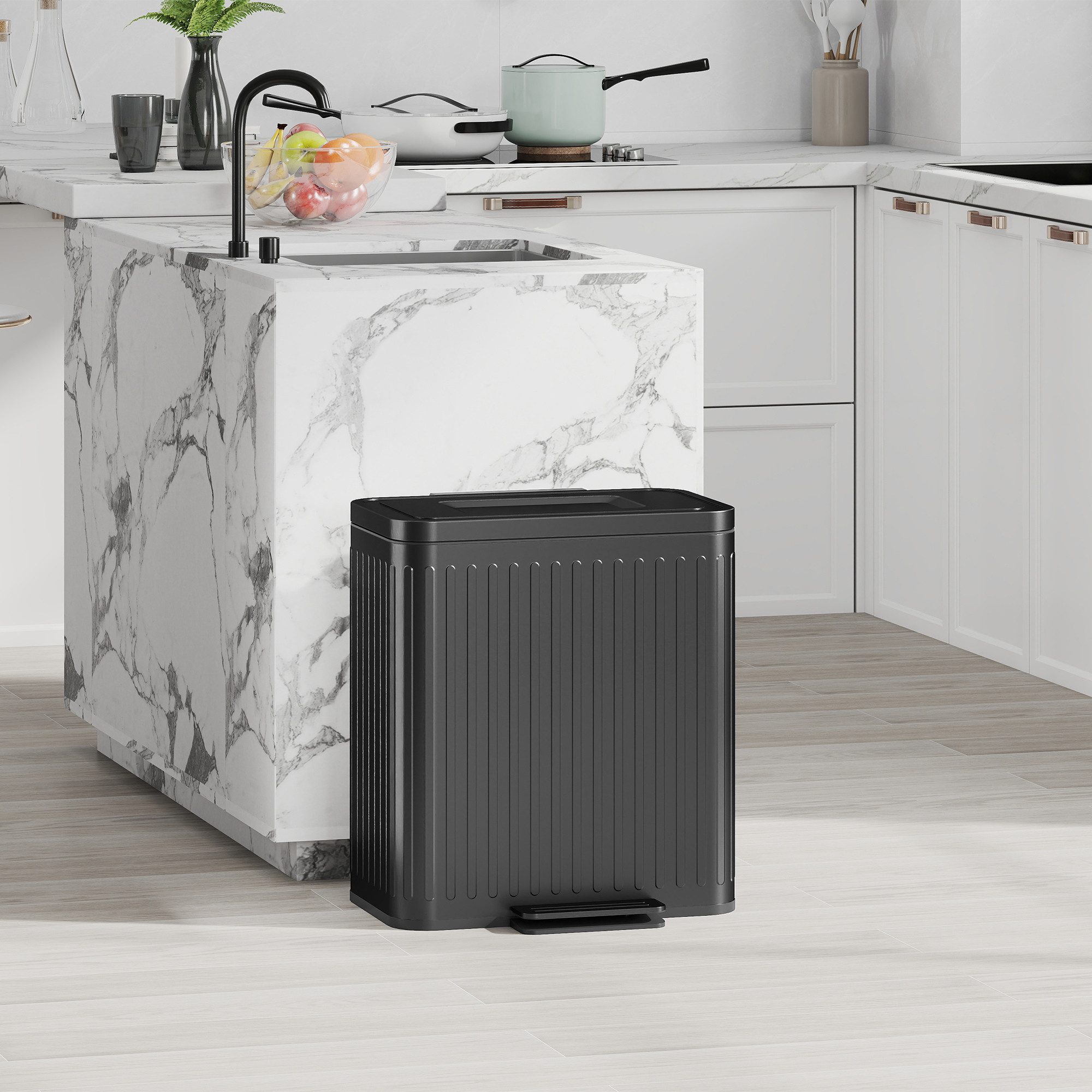 HOMCOM Mülltrennsystem Treteimer 2 x 20 L Soft-Close-Deckel Offenhaltefunktion, Schwarz, 45,5 x 36,5 x 51 cm