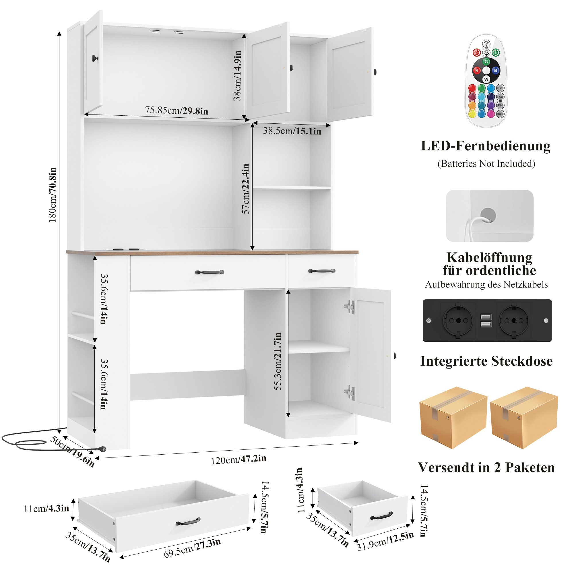 Homfa Schreibtisch mit LED, 2 Steckdosen und 2 USB, 180cm, Computertisch mit Bücherregal, Bürotisch weiß 180x120x50cm