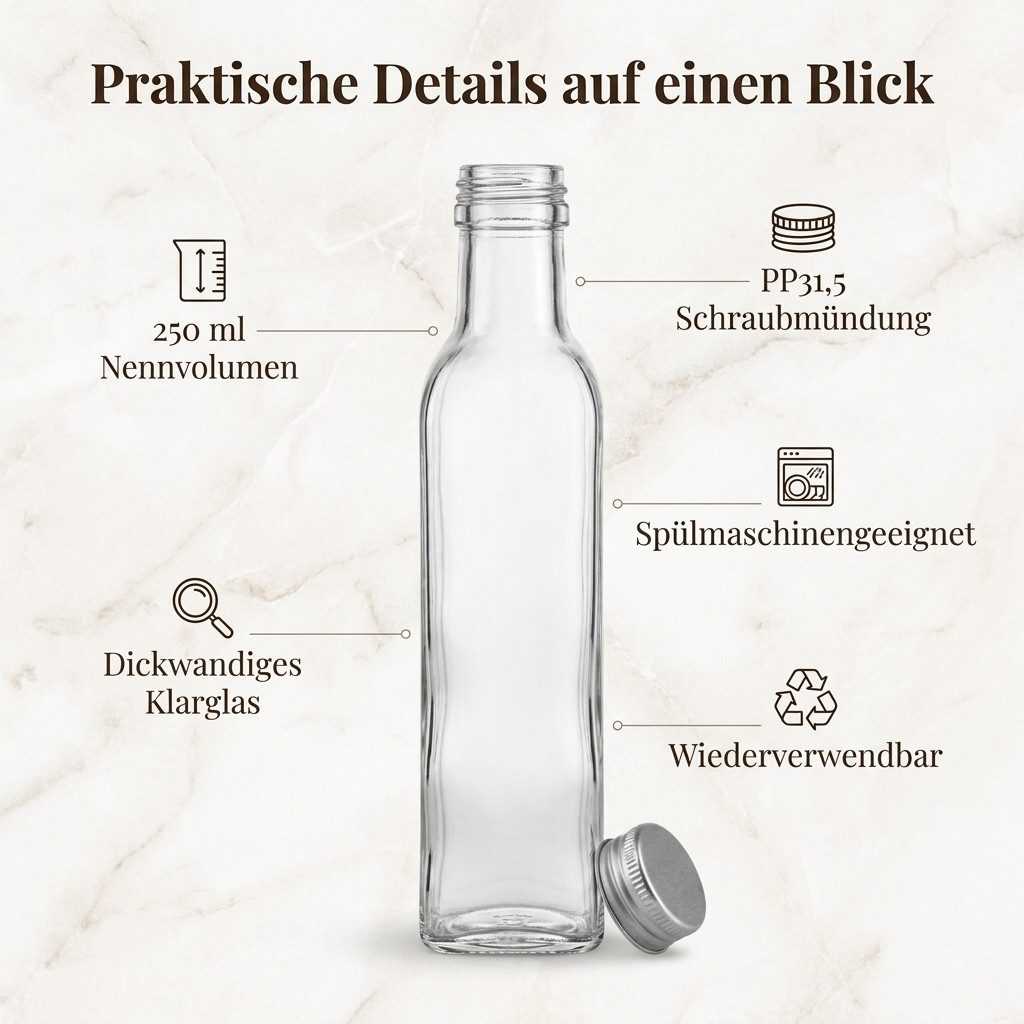 gouveo Trinkflasche Glasflaschen 250 ml Maraska mit Schraub-Deckel - Leere Likörflasche, Eckige Maraska-Form, Schraubverschluss PP 31,5, spülmaschinengeeignet