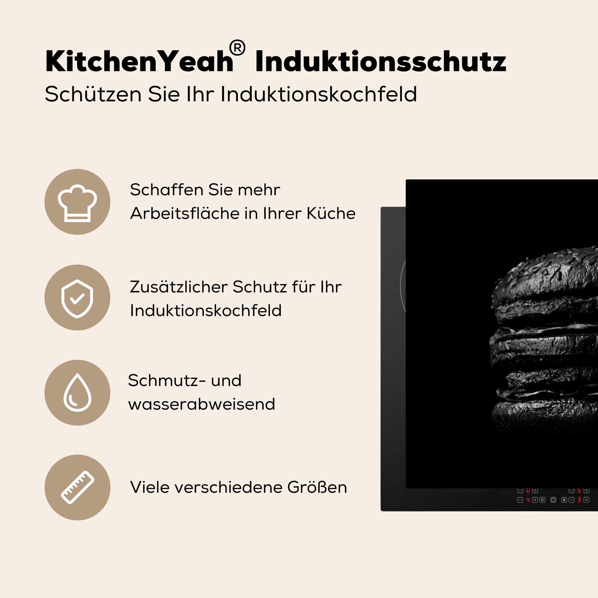 Ceranfeldabdeckung schwarzem auf tlg), schwarz Hintergrund MuchoWow und Vinyl, Hamburger nutzbar, Herdblende-/Abdeckplatte cm, Arbeitsfläche Mobile (1 70x52 weiß, in