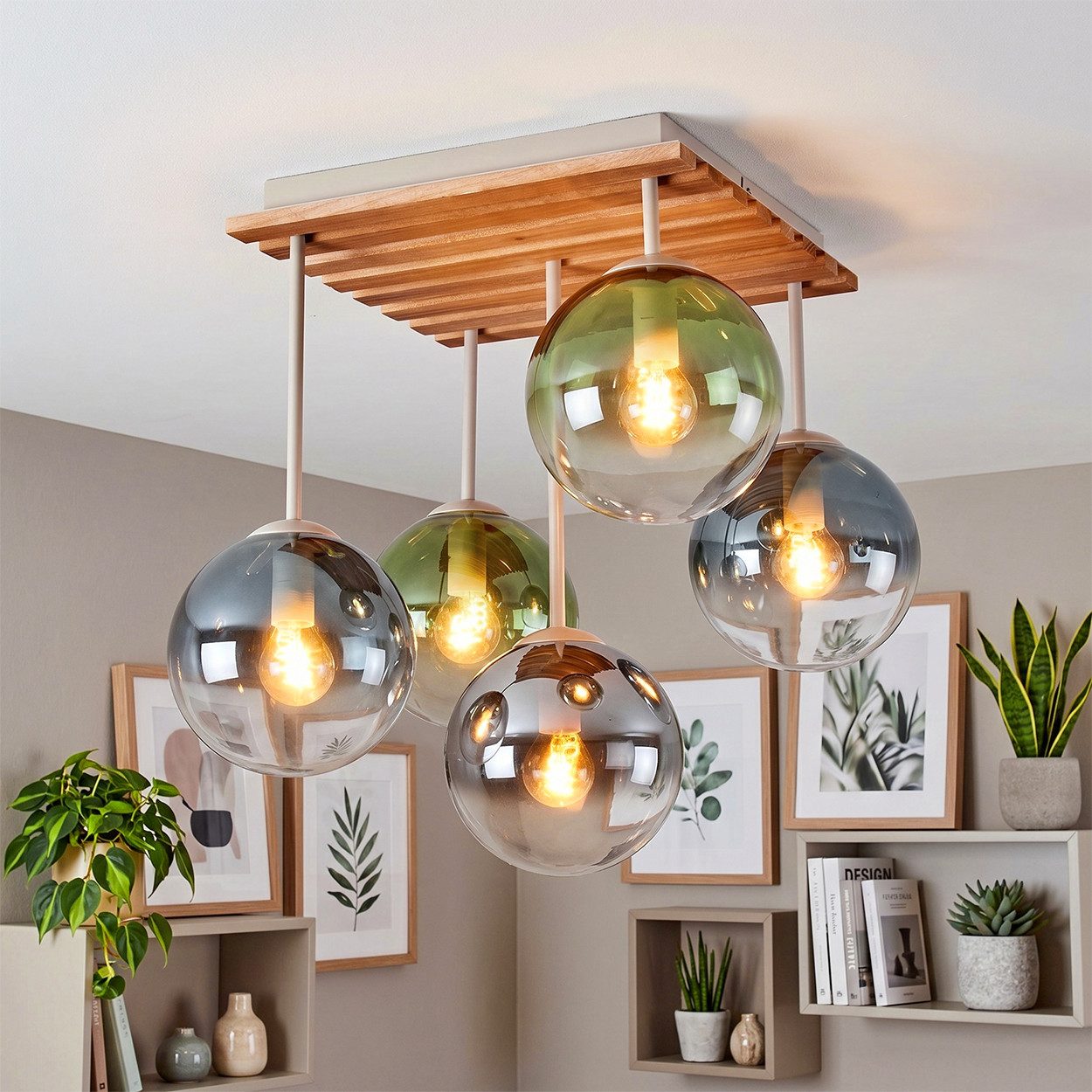 hofstein Deckenleuchte Deckenlampe aus Metall/Holz/Glas in Chrom/Rauch/Blau/Grün/Klar, moderne Deckenleuchte im Retro/Vintage/Boho-Design, 5 x E14