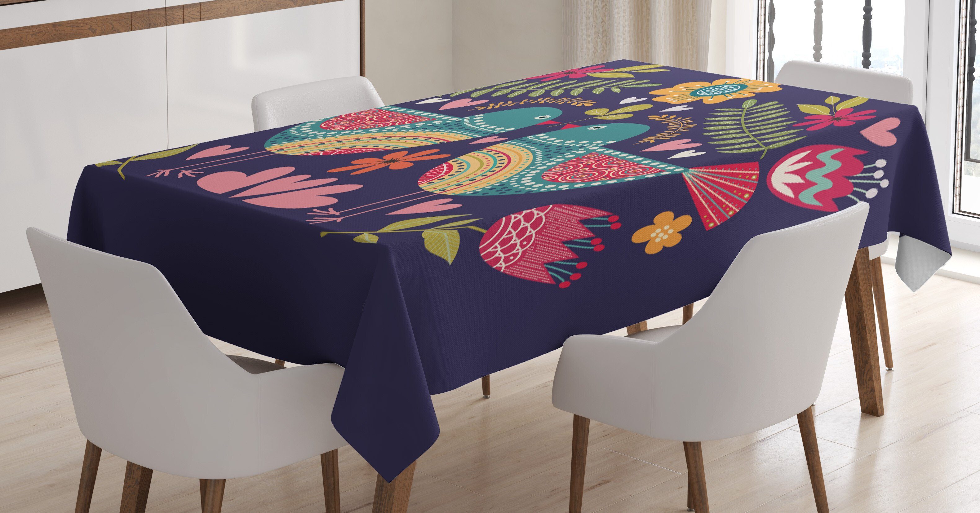 Abakuhaus Tischdecke Farbfest Waschbar Für den Außen Bereich geeignet Klare Farben, Skandinavische Vögel, Blumen, Volkskunst | Tischdecken