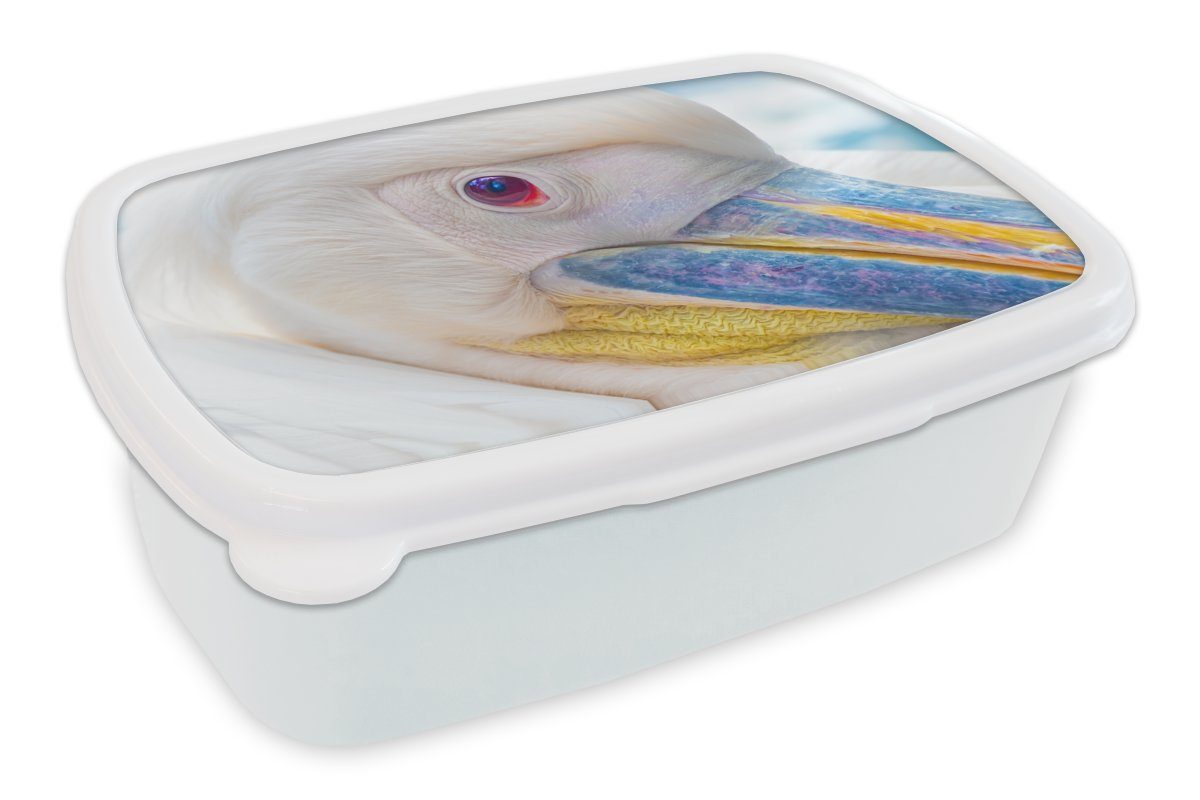 MuchoWow Lunchbox Nahaufnahme eines Pelikans, Kunststoff, (2-tlg), Brotbox für Kinder und Erwachsene, Brotdose, für Jungs und Mädchen weiß
