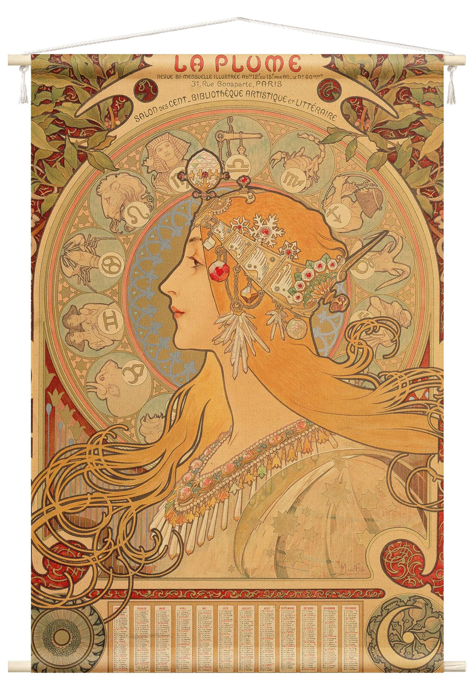 Bilderdepot24 Wandteppich modern Alfons Mucha Kunst Vintage Spirituell Sterne gelb, rechteckig, Höhe: 2.6 mm, großes Wandbild aus Natur-Baumwolle Wandbehang Stoffbild Tuch Wollseil