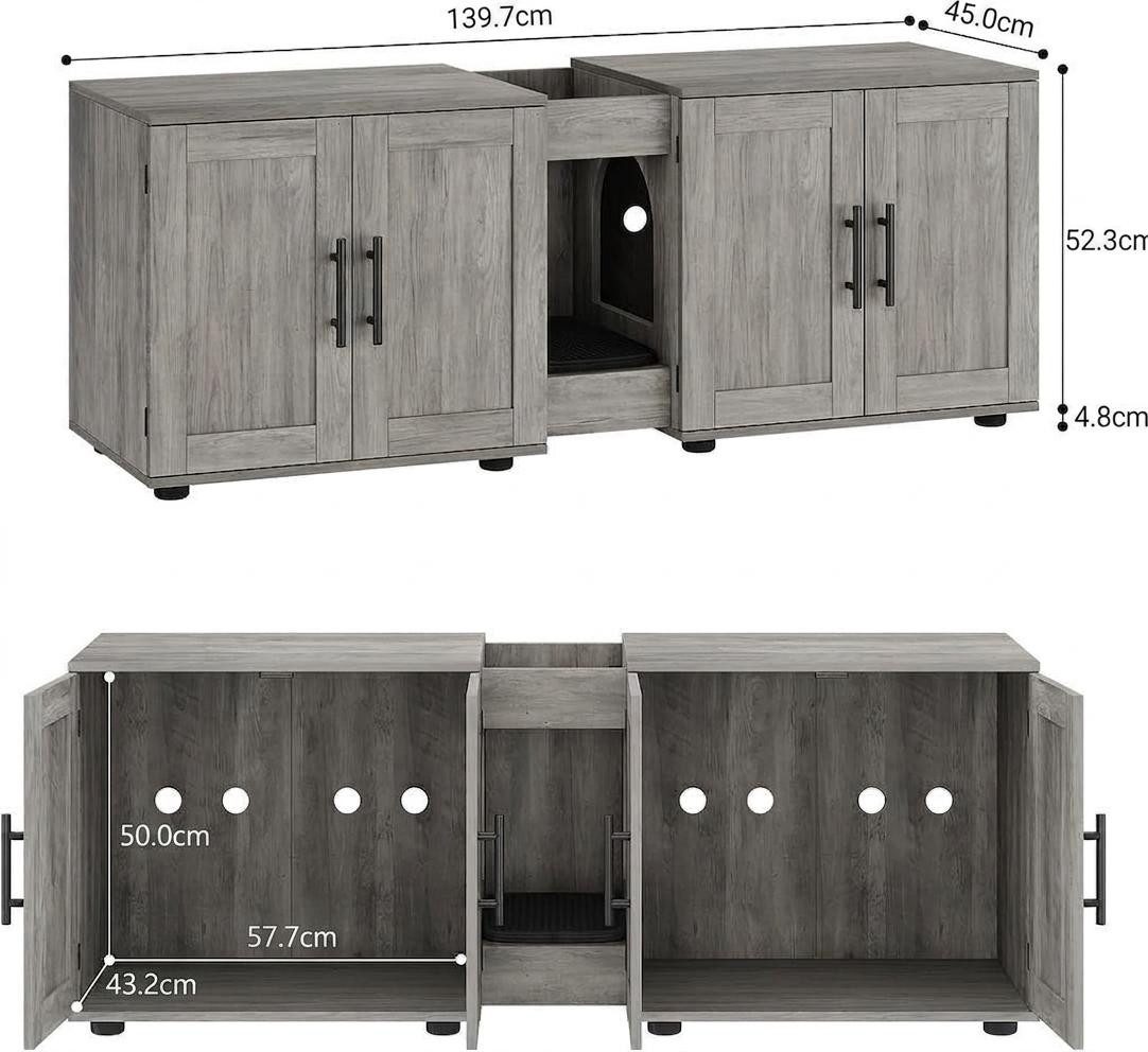 GarveeMore Katzentoilette verstecktes aus Holz mit Doppelraum für 2 Katzen, 55" großes verstecktes Katzentoilettengehäusemöbel mit Doppelzimmern