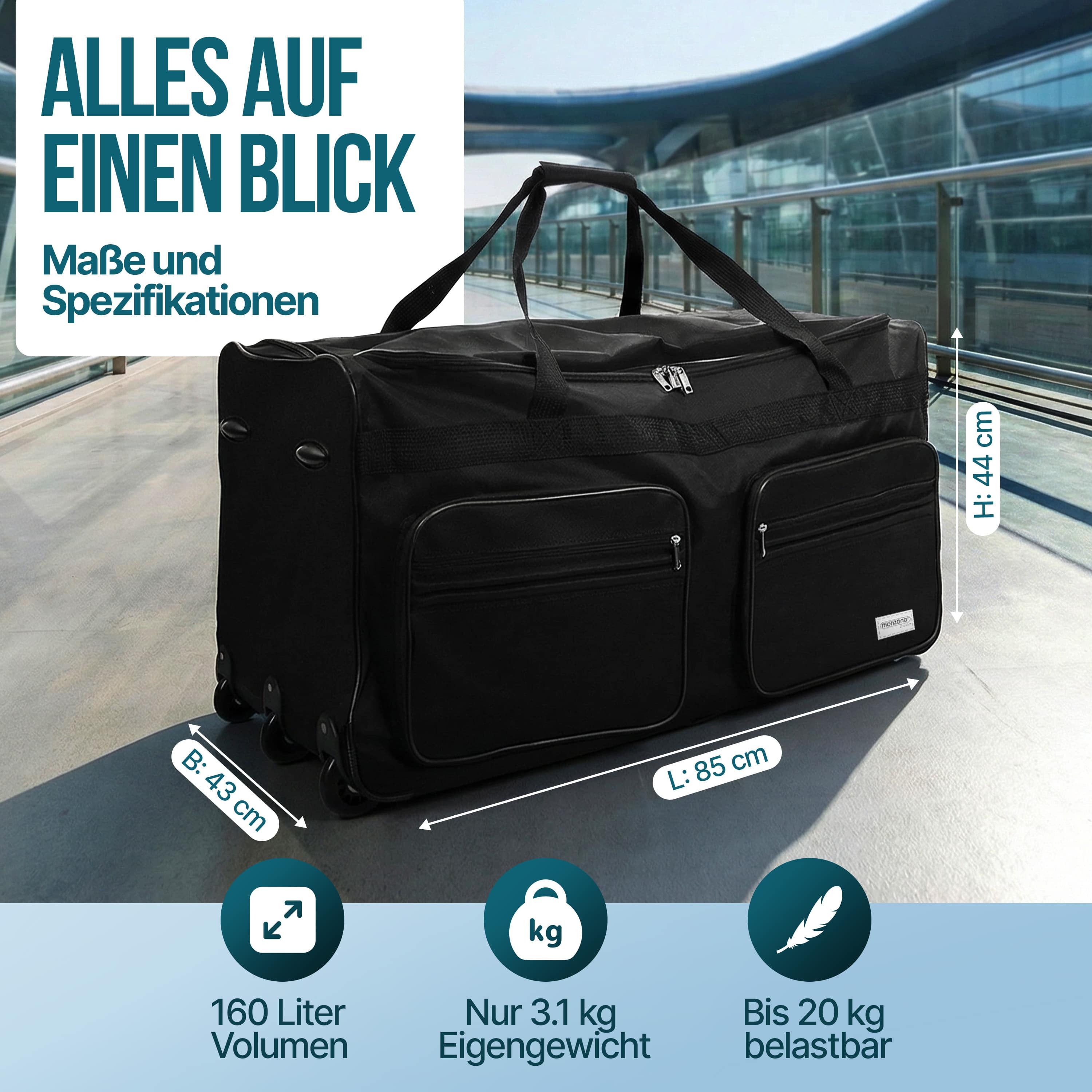 monzana Reisetasche Leonardo, mit Rollen 160L Trolley Teleskopgriff Schwarz Groß XXL Gepäcktasche