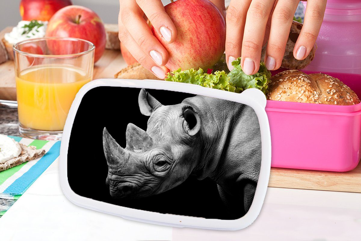 MuchoWow Lunchbox für Snackbox, Brotdose Tiere - Weiß Kinder, Kunststoff (2-tlg), Nashorn Schwarz Erwachsene, - Porträt, - - Mädchen, rosa Kunststoff, Brotbox