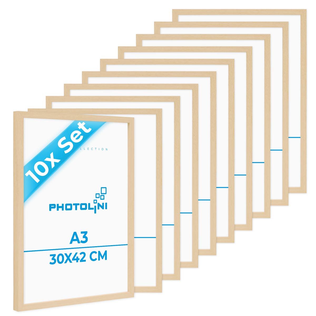 PHOTOLINI Bilderrahmen 10er Set modern mit bruchsicherem Acrylglas, Holz MDF, Fotos & Poster, für 10 Bilder (10er Set), Posterrahmen A3 30x42 cm Natur zum Aufhängen