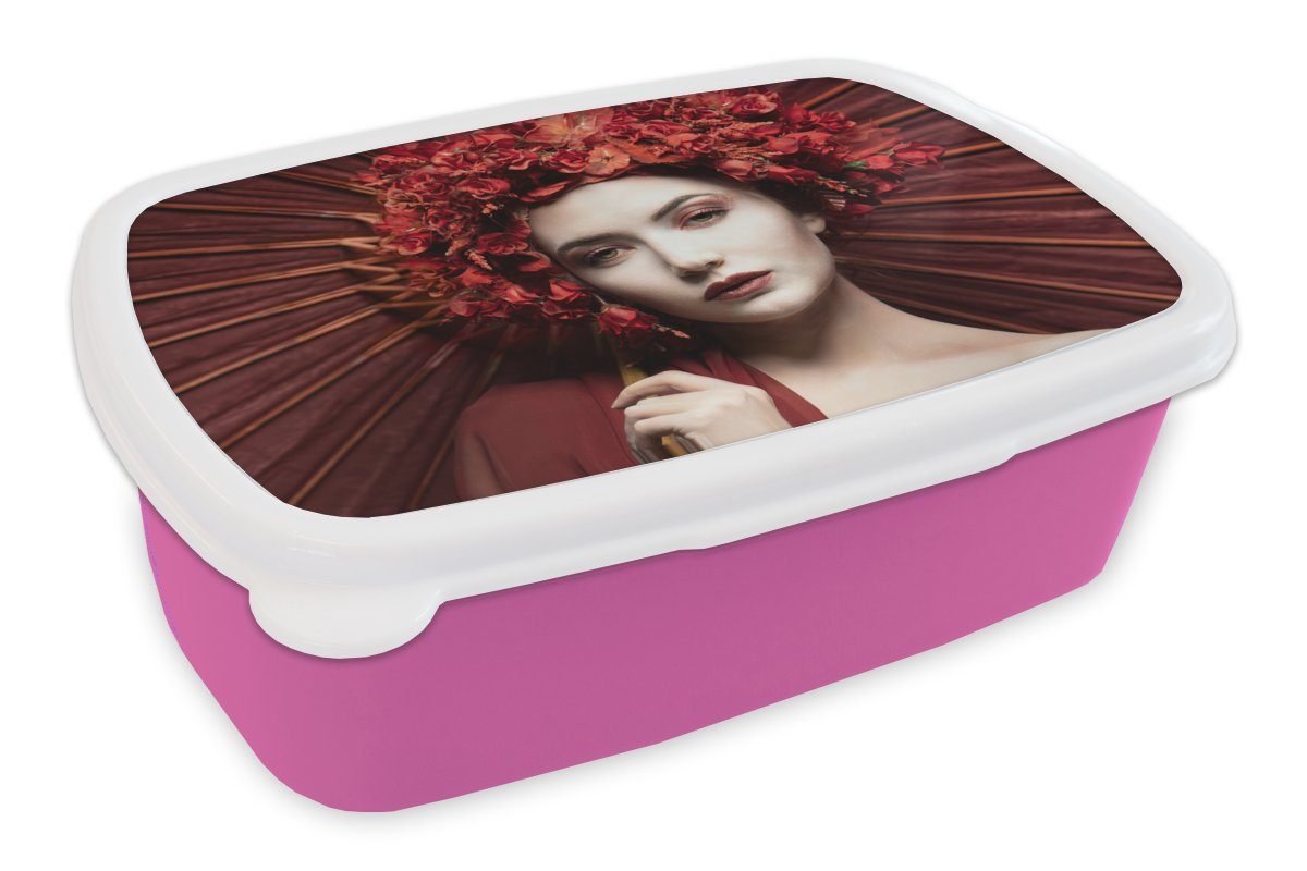 Lunchbox für Mädchen, Frau Rot Snackbox, MuchoWow Kunststoff - Porträt Kunststoff, Kinder, (2-tlg), - Erwachsene, - Regenschirm, Brotbox rosa Brotdose