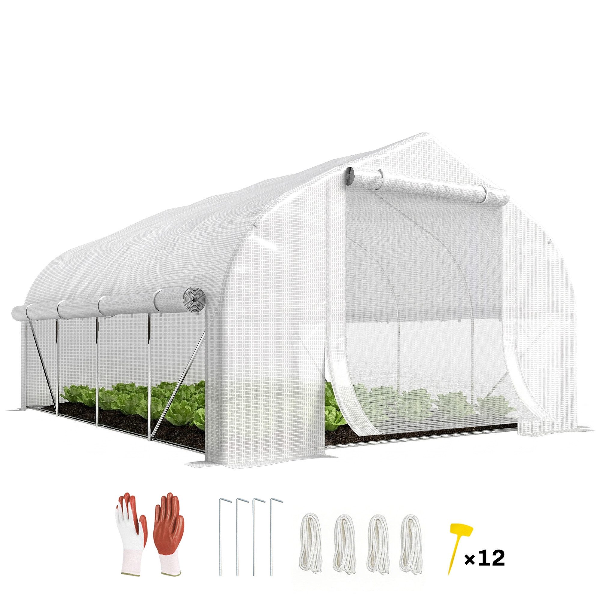 MC Star Gewächshaus 12 m² großes Gartentunnelgewächshaus mit Tür und 8 Fenstern, 140 g/m² PE-Folie, 400 x 200 x 200 cm, weiß