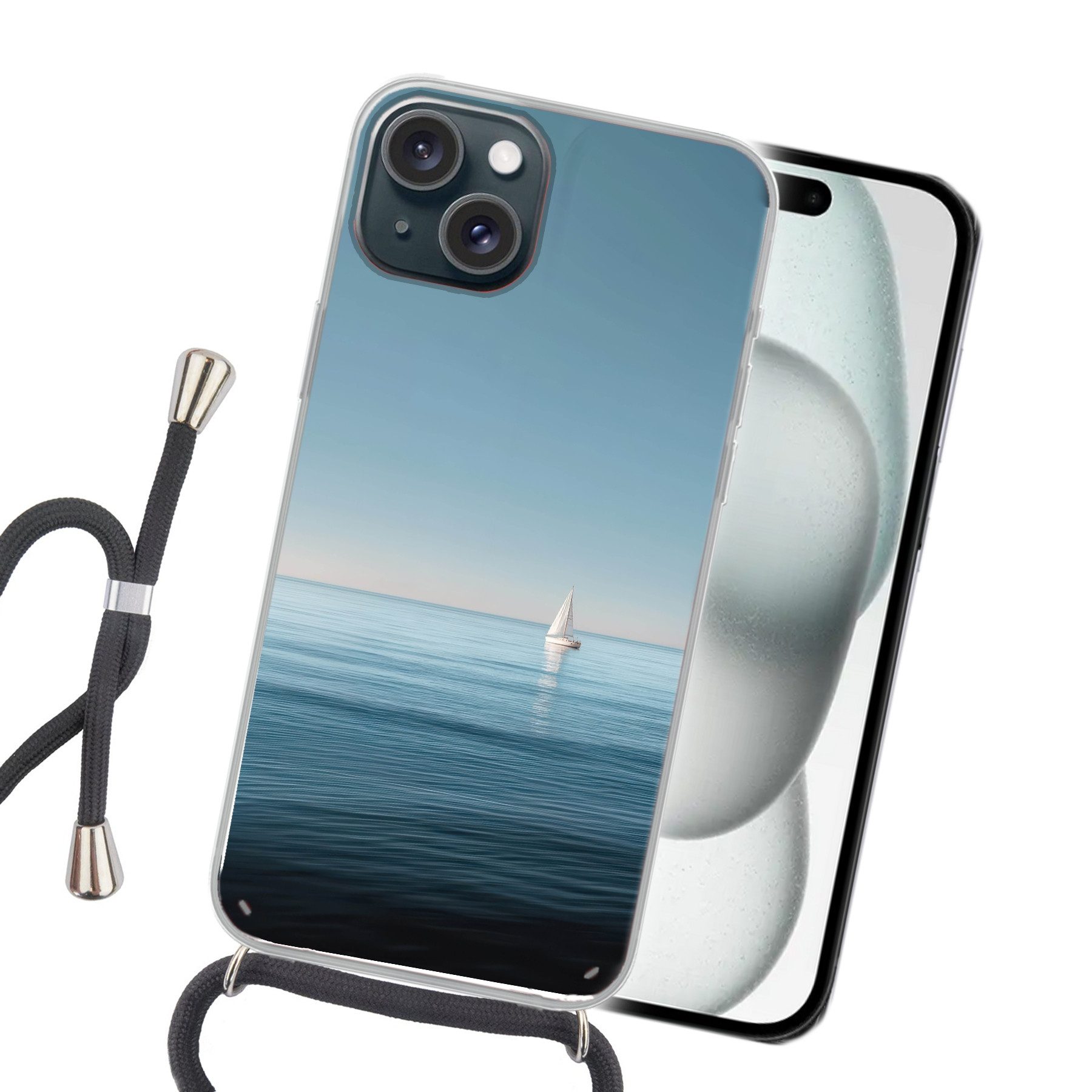 MuchoWow Handyhülle für Apple iPhone 15 Segelboot - Ruhige See - Strahlend blauer Himmel, Tragbare Handyhüllen mit Kette zum umhängen, Handykette Handyband