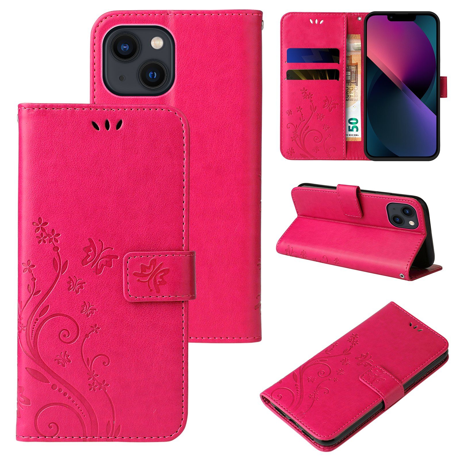 Tec-Expert Handyhülle Cover Tasche Hülle für Apple iPhone 14 6,1 Zoll, Klapphülle Case mit Kartenfach Fliphülle aufstellbar, Motiv Blumen