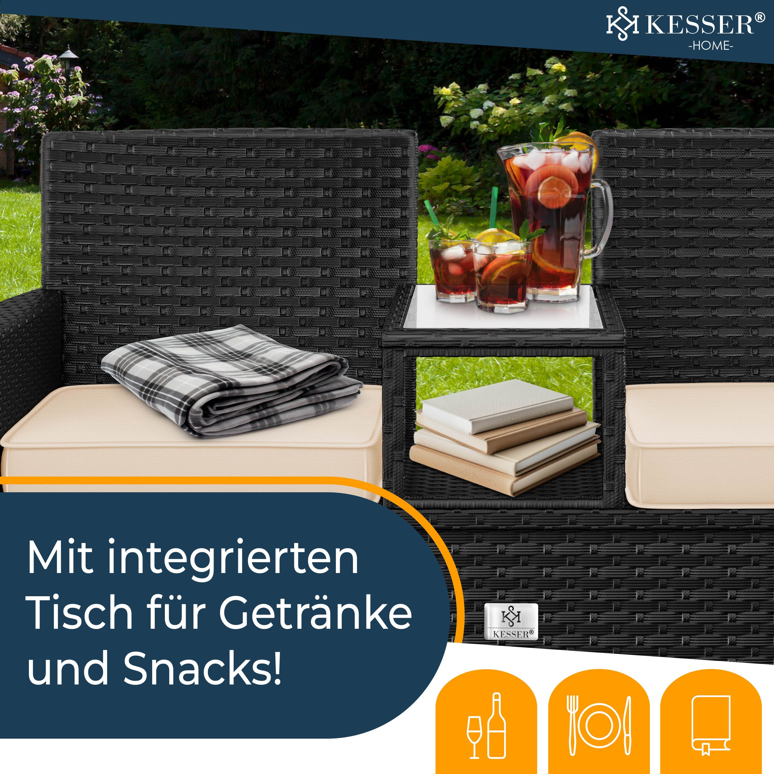 KESSER Gartenbank, Polyrattan Gartenbank 2-Sitzer Bank mit integriertem Tisch