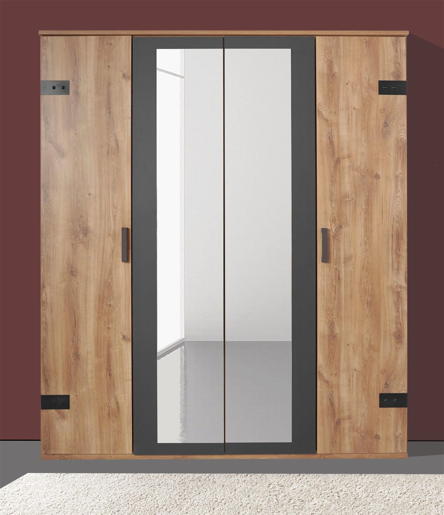 Wimex Drehtürenschrank Malmö (Holztüren, Spiegeltüren, Einlegeböden, Kleiderstangen, 1-St., moderne Optik, schwarze Bügelgriffe, mit Spiegel) 180x58x210cm / Plankeneiche / Graphit