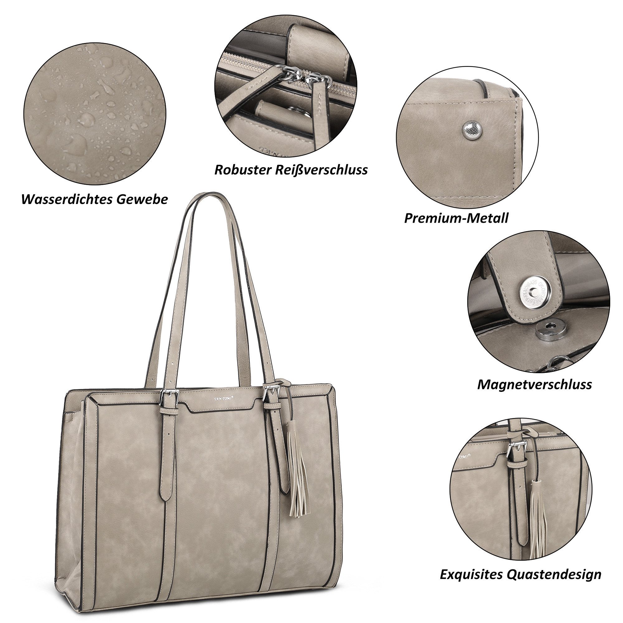 TAN.TOMI Handtasche Große Business Handtasche Damen Leder Schultertasche Arbeit Schule, Bürotasche Damen 15.6 Zoll Notebookt mit 3 Fächern für Büro Schule