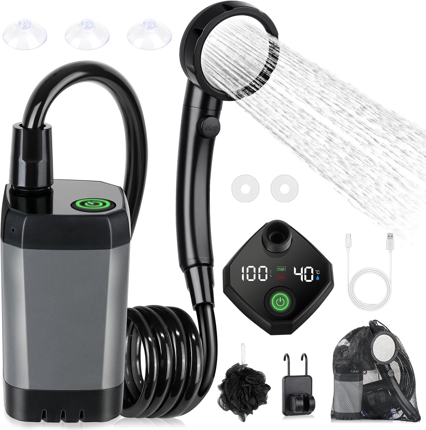 TWUFY Gartendusche Campingdusche mit Pumpe & wiederaufladbarem Akku 6000mAh (Camping Dusche Akku, Camping Dusche Tragbare Set mit Duschkopf und Schlauch, für Garten Strand, Autowaschen, Hausti, Reisen), Tragbare Campingdusche mit Akku & LED-Anzeige