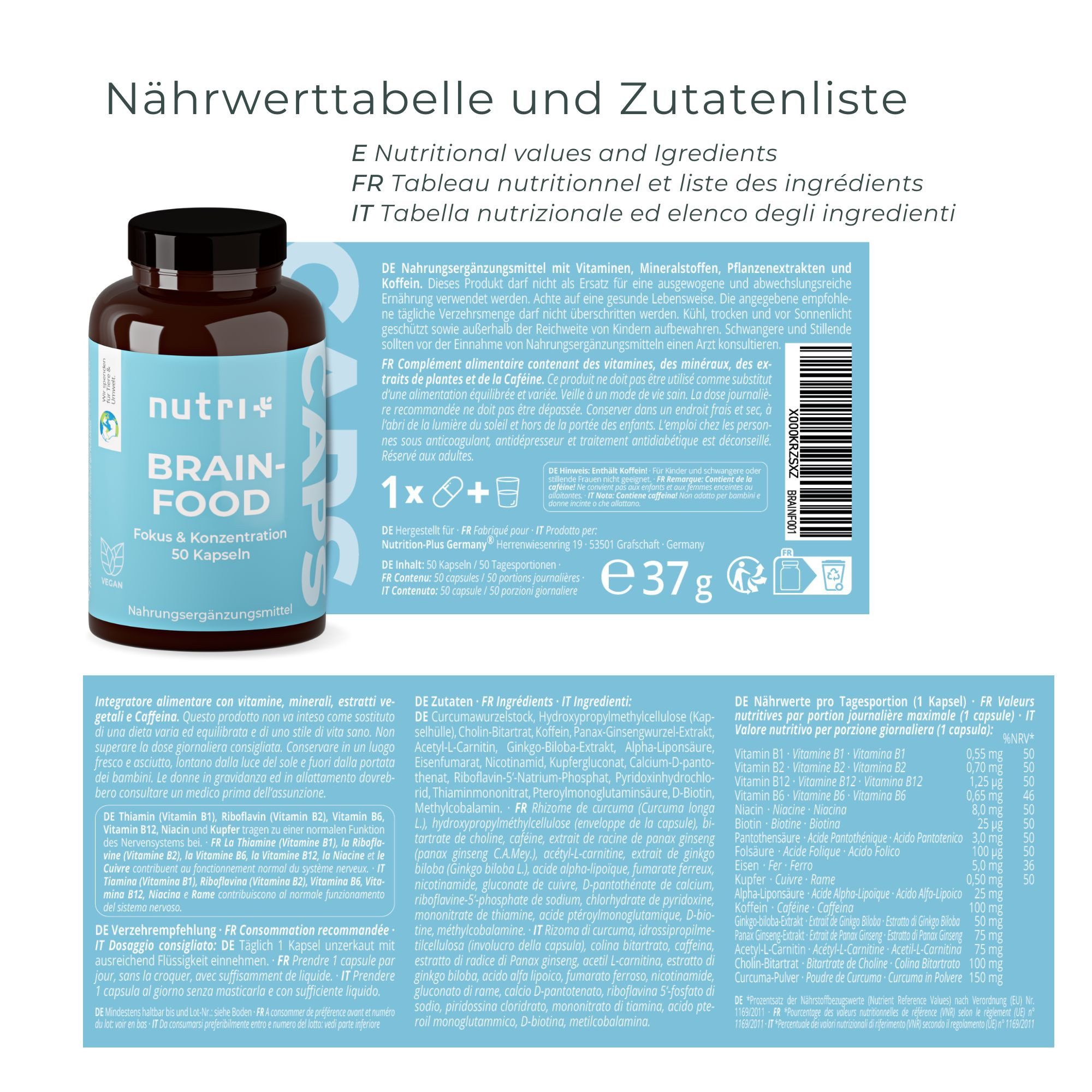 nutri+ Brainfood Kapseln - mit Kurkuma, Ginkgo und Ginseng Kapseln