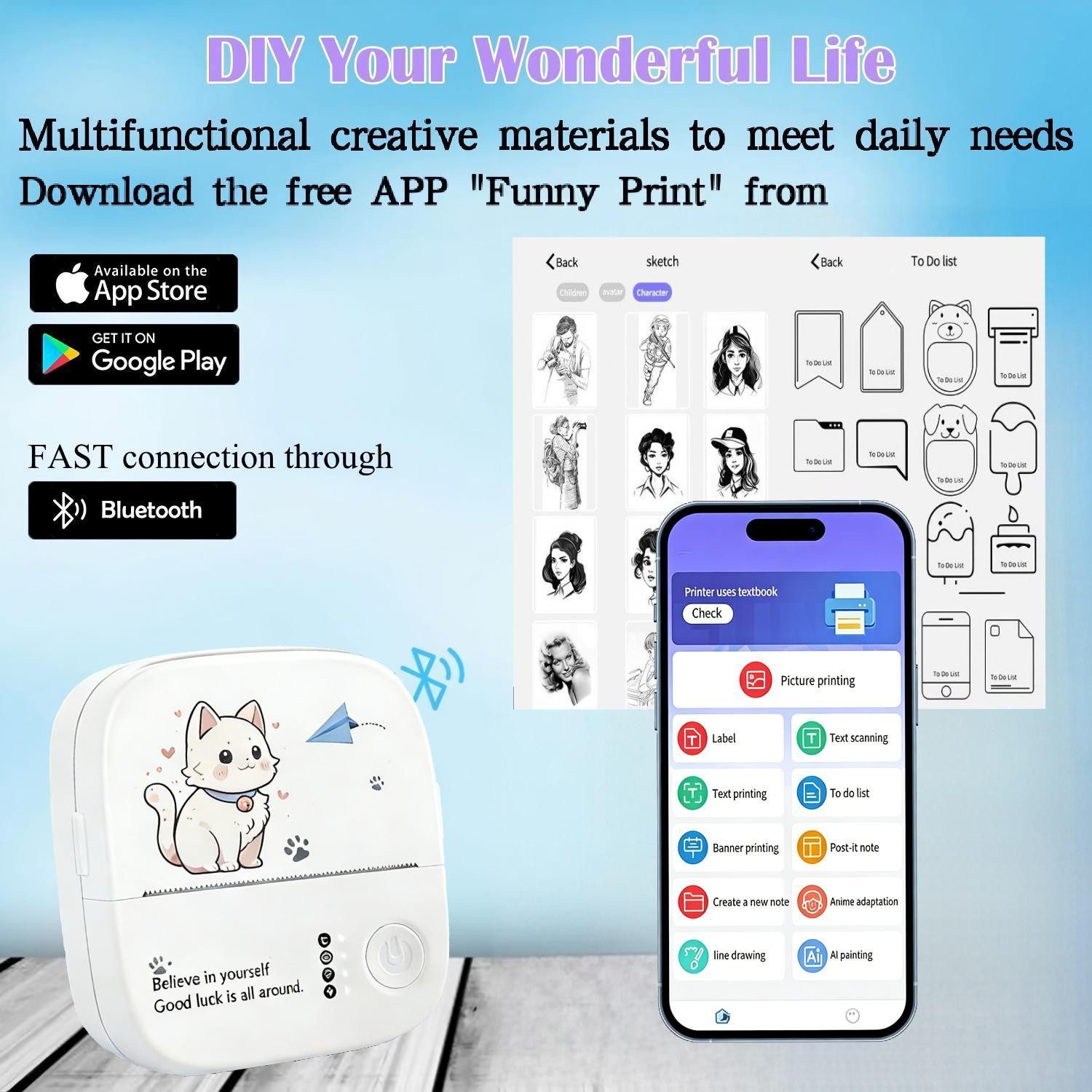 Toomoke Mini Thermodrucker,Bluetooth Etikettendrucker, Fotodrucker Etikettendrucker, (für iOS/Android, Tragbarer Aufkleber Drucker mit 14 Rollen Papier und 6 Bunte)