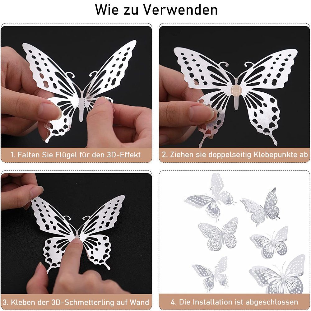 Größe Schmetterling Arten Silber 48 3 Stück NUODWELL 3D-Wandtattoo Wandaufkleber,4 Aufkleber Deko 3D