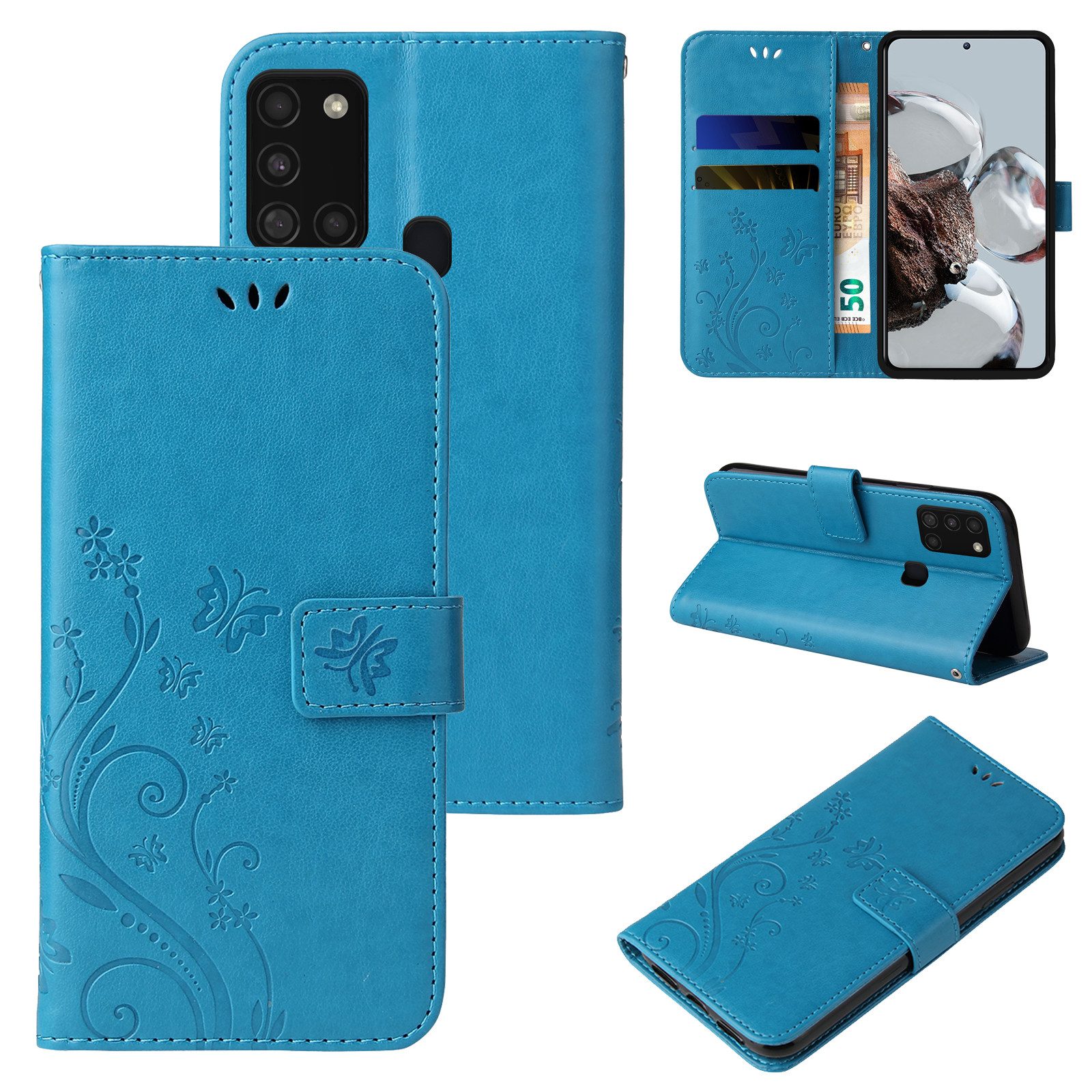 Tec-Expert Handyhülle Cover Tasche Hülle für Samsung Galaxy A21s 6,5 Zoll, Klapphülle Case mit Kartenfach Fliphülle aufstellbar, Motiv Blumen
