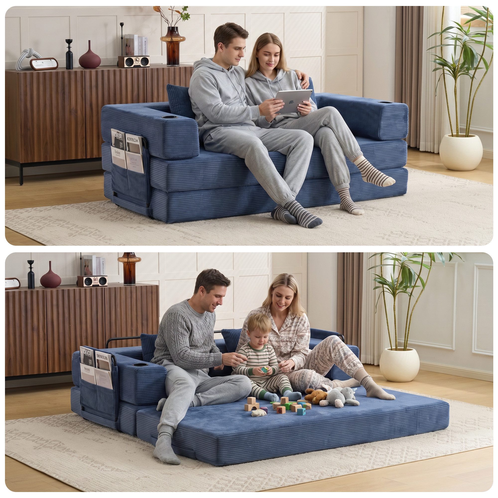 Vankel Loungebett Sofas Wohnzimmer, Sofa mit Schlaffunktion aus Cord mit Cupholder, Faltbares Schlafsofa mit Seitentaschen, Cupholdern und ohne Montage