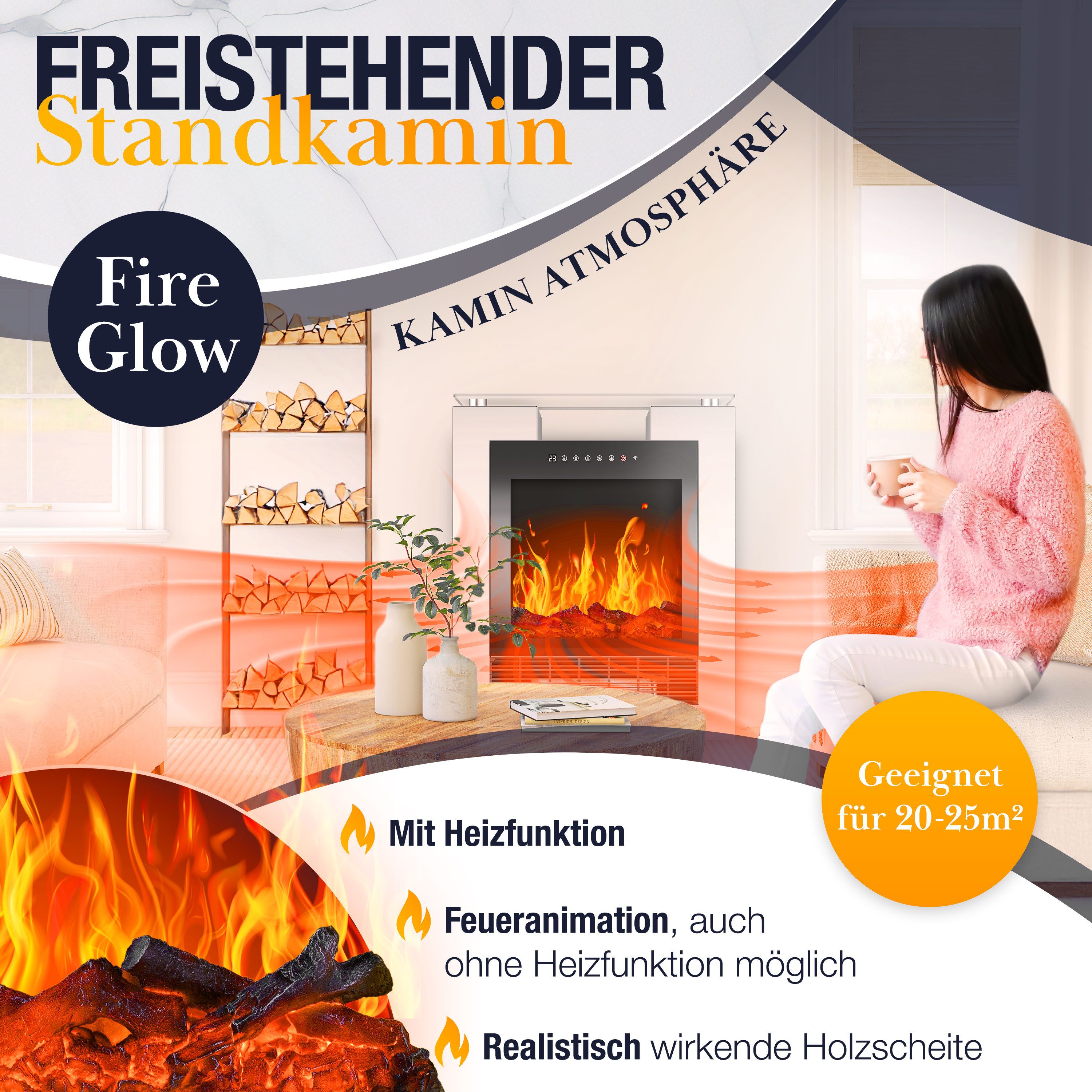 KESSER Elektrokamin LED Kamin mit Heizung & Thermostat Flammeneffekt per App Fernbedienung, Heizlüfter 15-35°C, Standkamin mit realistischem Feuer, Timer & WLAN