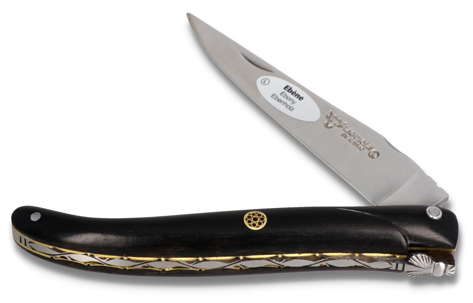 Laguiole en Aubrac Taschenmesser L05/12/U/5/F/F/EBN/S/LEA/BRO, Griff 12cm Ebenholz mit Messingrosette - Platine verziert - Stahl matt