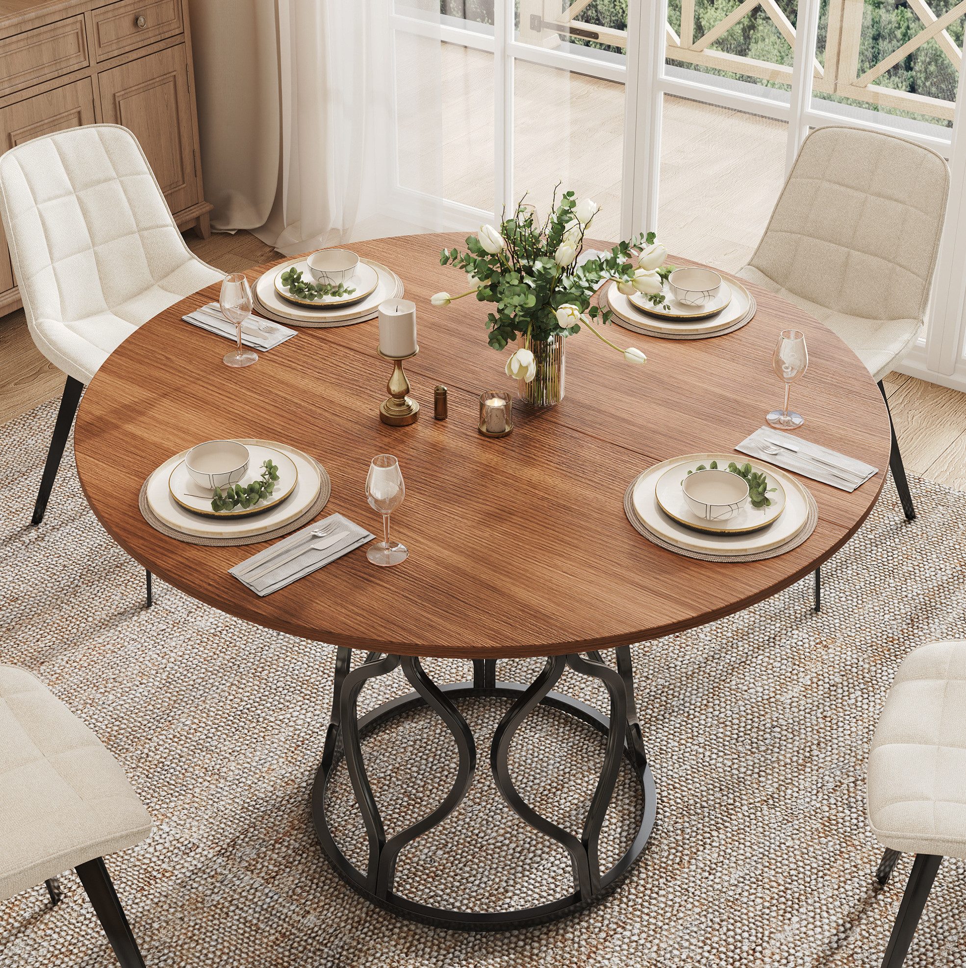 OKWISH Esstisch Runder Tisch mit Ablage & Metallgestell (Packung, 1-St., Walnuss+Schwarz, 100×100×75 cm, für Küche & Esszimmer), MDF, Walnussoptik, stabil, 4–6 Personen