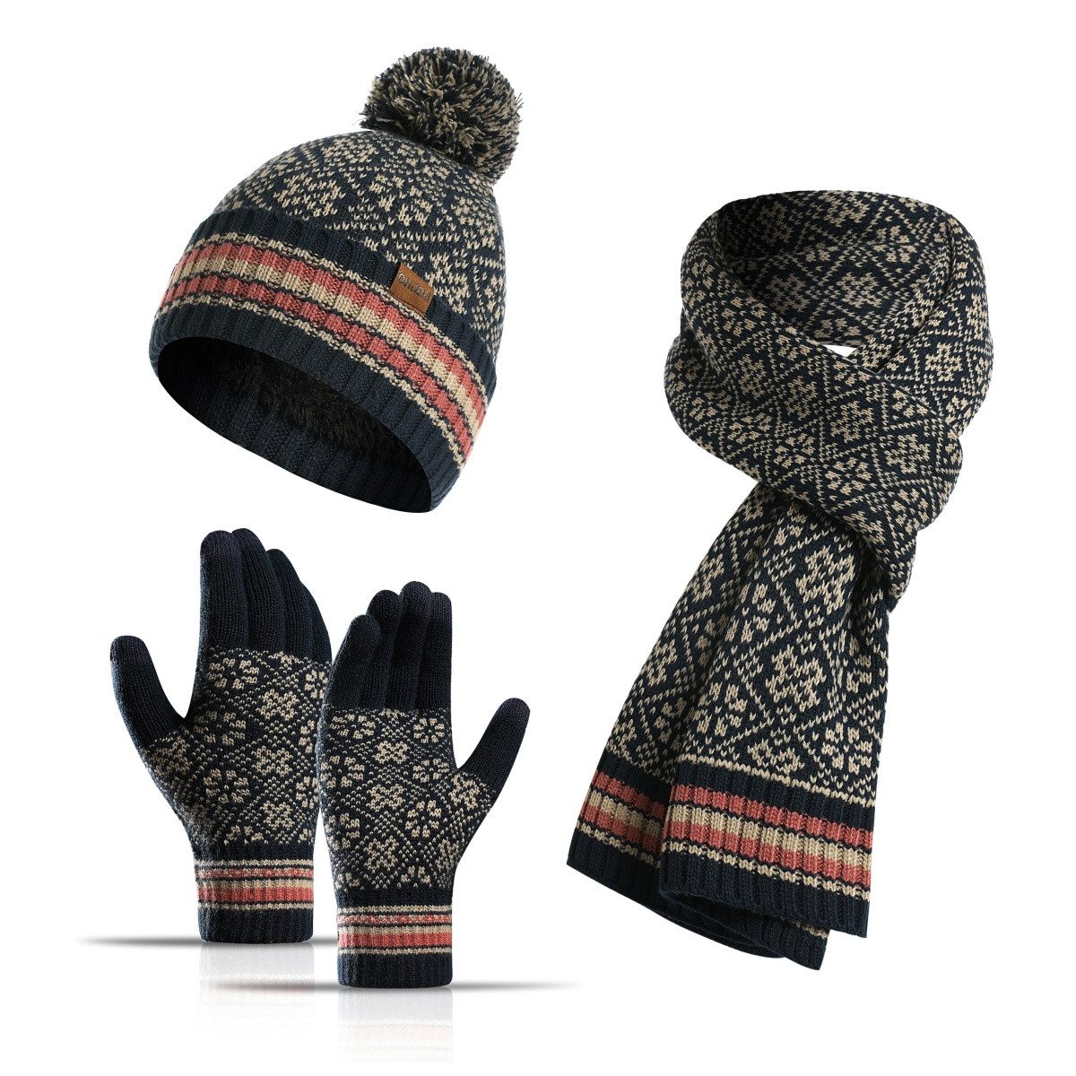 YNOFIT Mütze & Schal Winter Strickschal Warm Wollmütze Schal Handschuhe 3 Stück (Weihnachten Schneeflocke Hut Schal Touchscreen Handschuhe) Gepolstert und verdickt, kalt und warm, Winter-Outdoor-Anzug