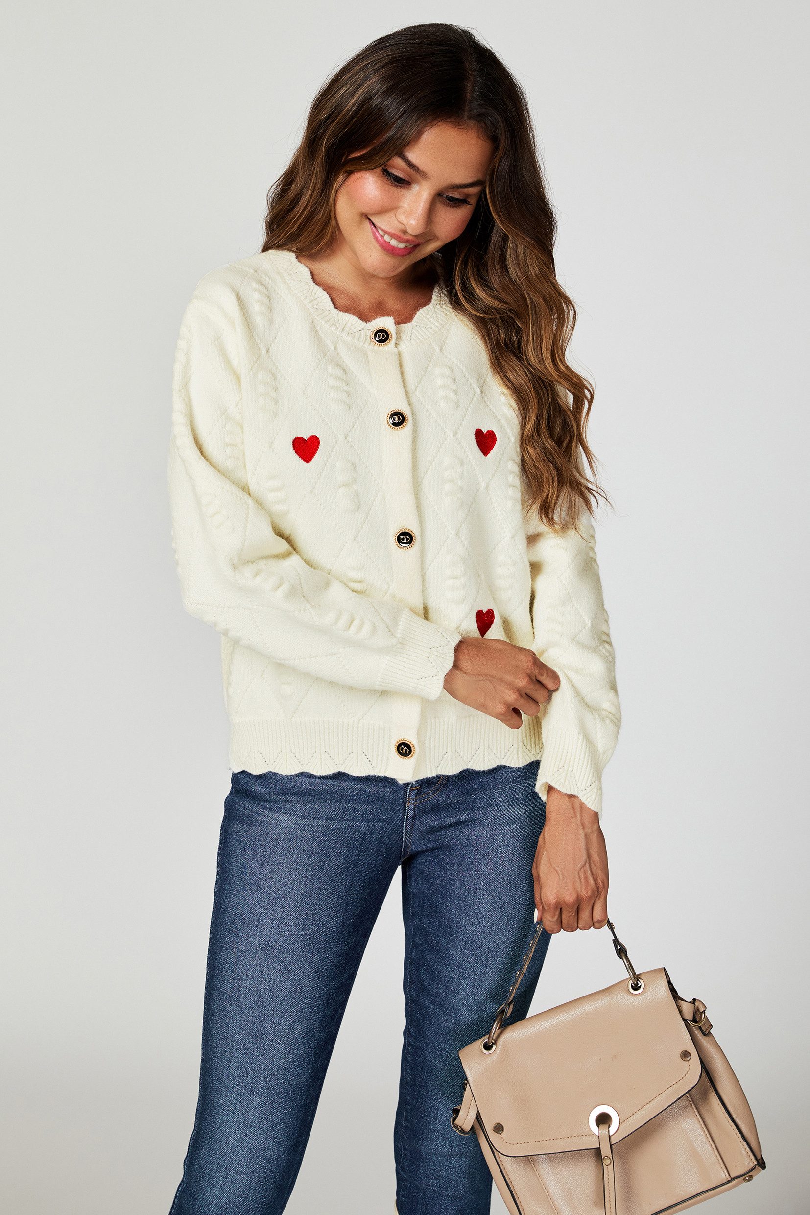 FS Collection Strickjacke Damen Cardigan Strickjacke mit Stickerei – Sterne oder Herzen (Einheitsgröße (UK 8–16 / EU 36–44) 56 % Viskose, 26 % Polyester und 18 % Wolle