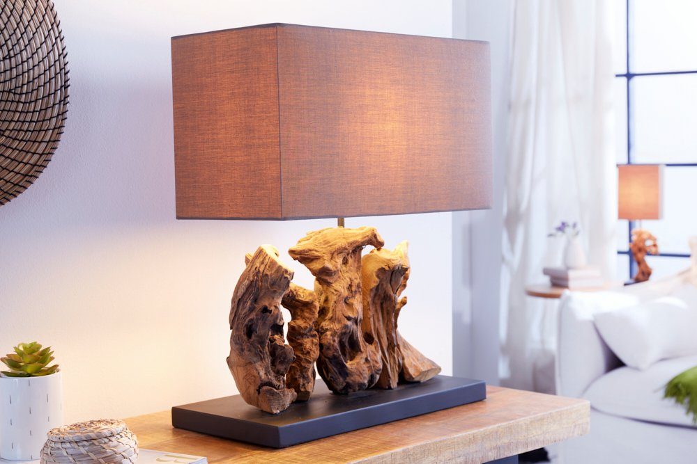 Massivholz ARAGON braun, · · Tischleuchte ohne riess-ambiente Schreibtisch Wohnzimmer Leinen Leuchtmittel, · 40cm