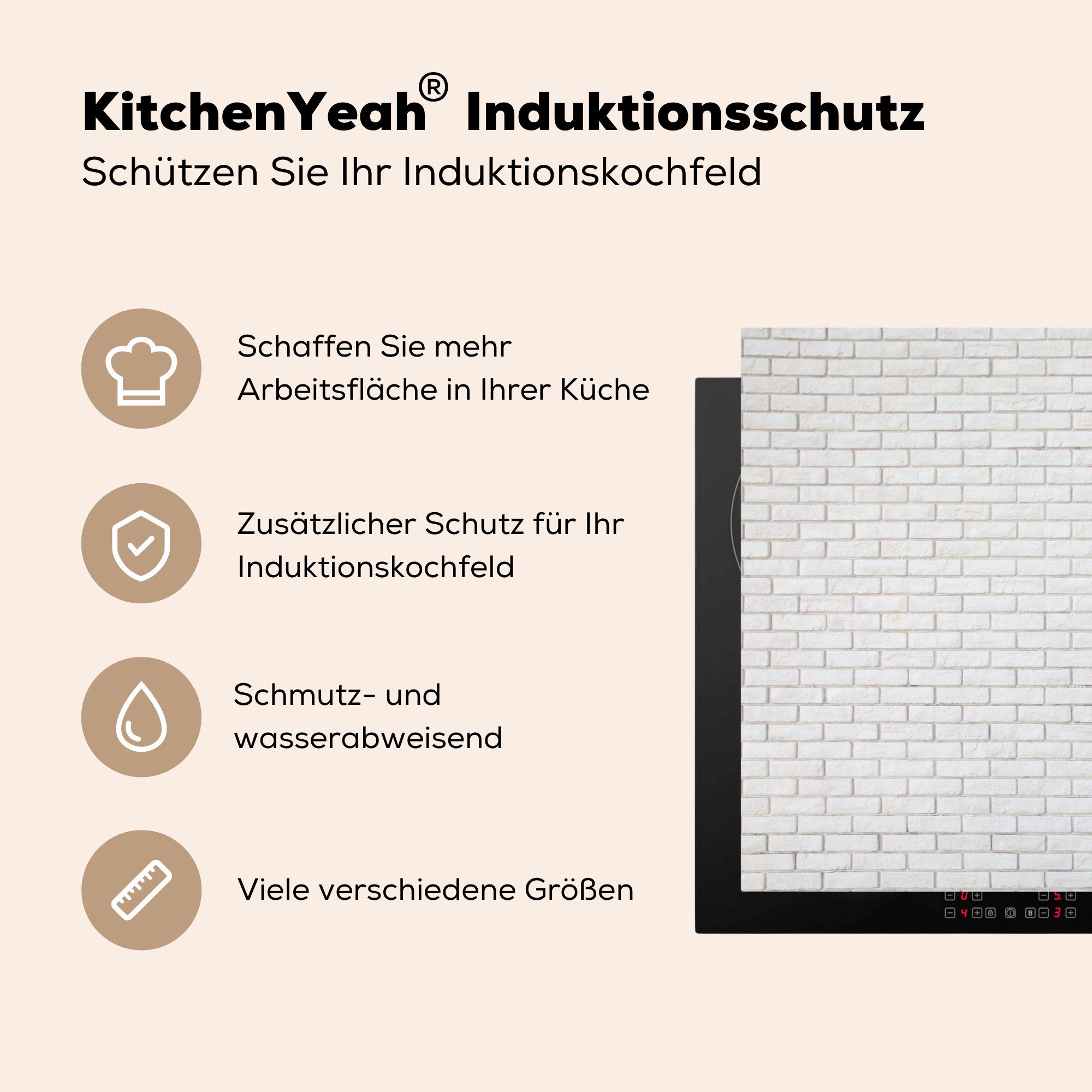 (1 tlg), MuchoWow - für Wand Ziegel, - 81x52 Ceranfeldabdeckung cm, Schutz Herdblende-/Abdeckplatte Induktionskochfeld die küche, Vinyl, Weiß