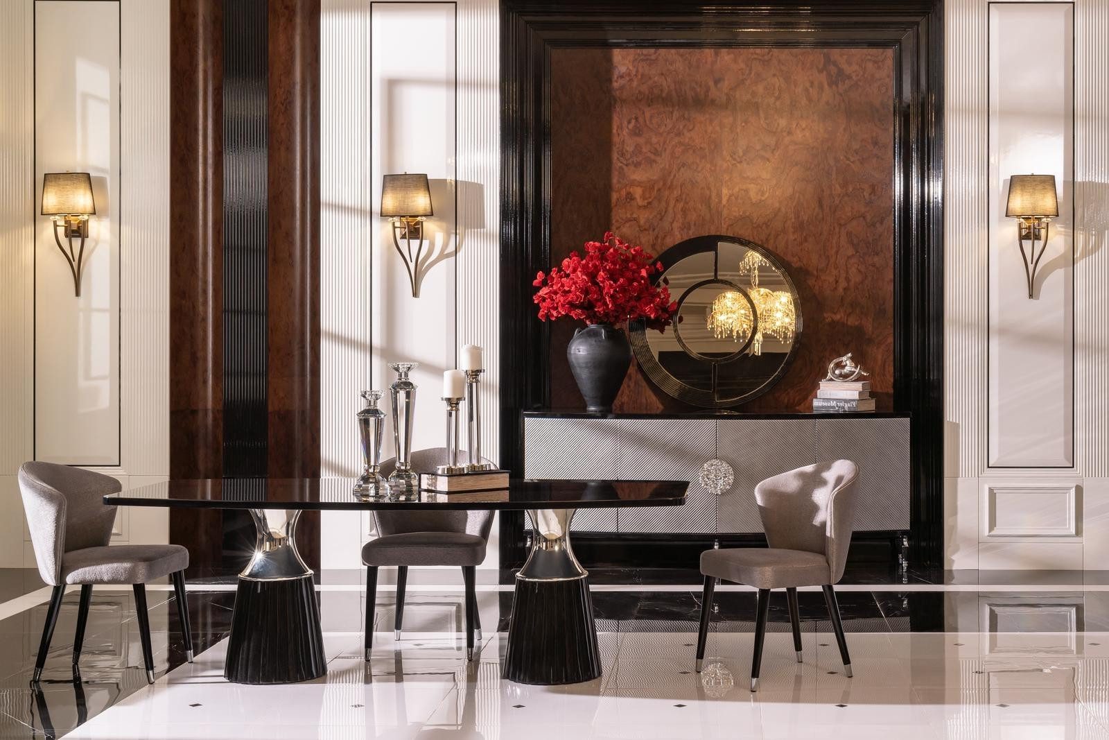 Xlmoebel Esszimmer-Set moderne Essecke und Esstisch in Schwarz bestehend, (9-St., Set 9tlg Esszimmer (Esstisch + 6xStühle + Sideboard + Spiegel), Hergestellt in Europa