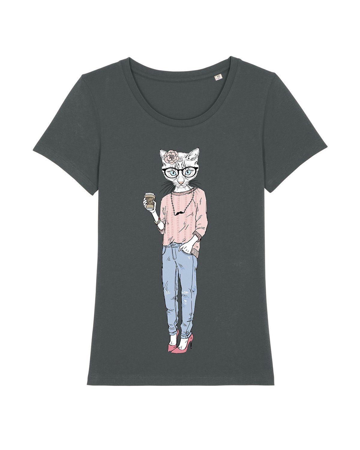 Hipster (1-tlg) Cat antrazit with Moustache Print-Shirt wat? Apparel