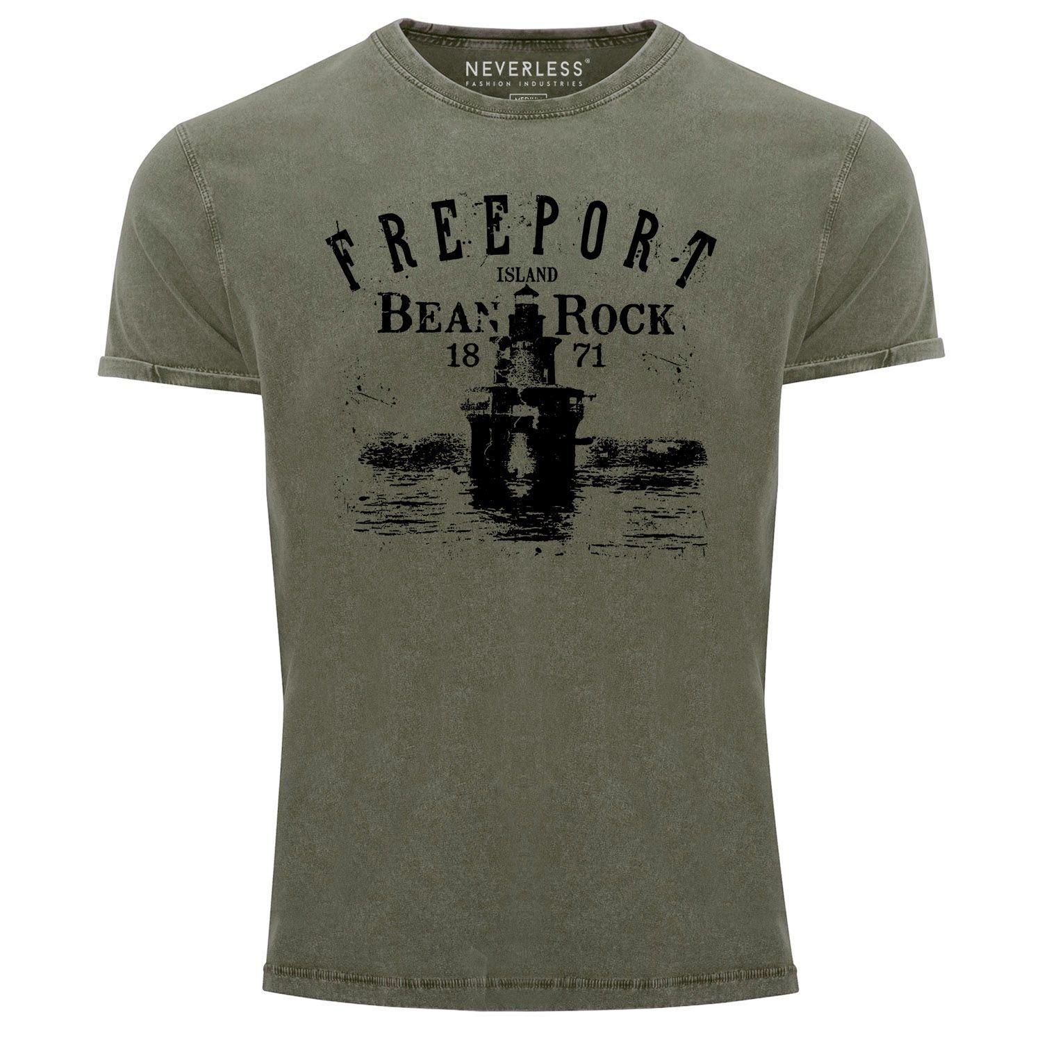 Neverless Print-Shirt Herren Vintage Shirt Retro Print Leuchturm Schriftzug Freeport Island Neverless® mit Print oliv